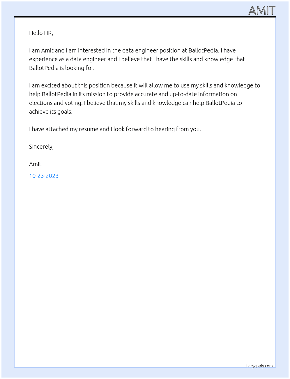 Data engineer At BallotPedia Cover Letter