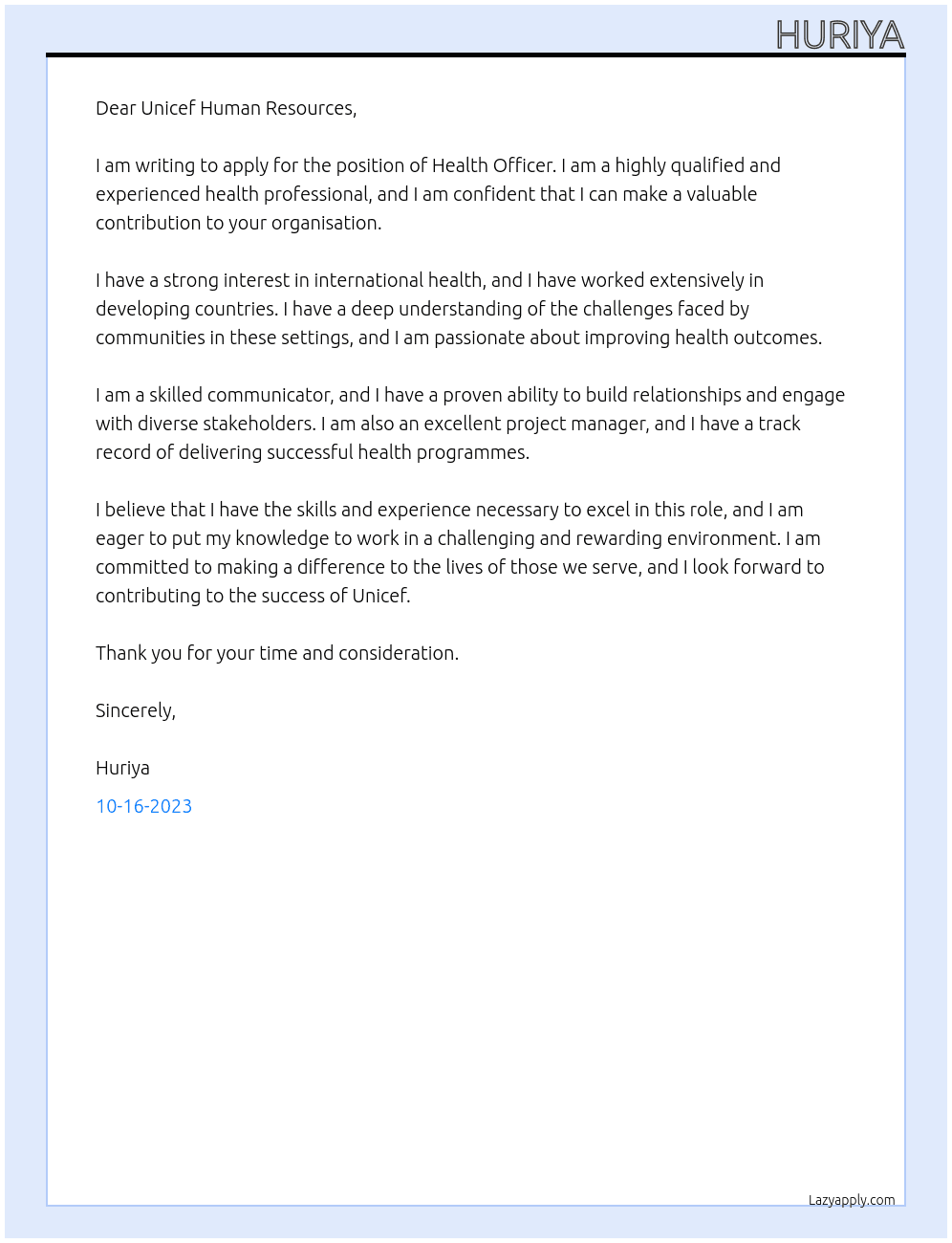 Health officer  At Unicef  Cover Letter