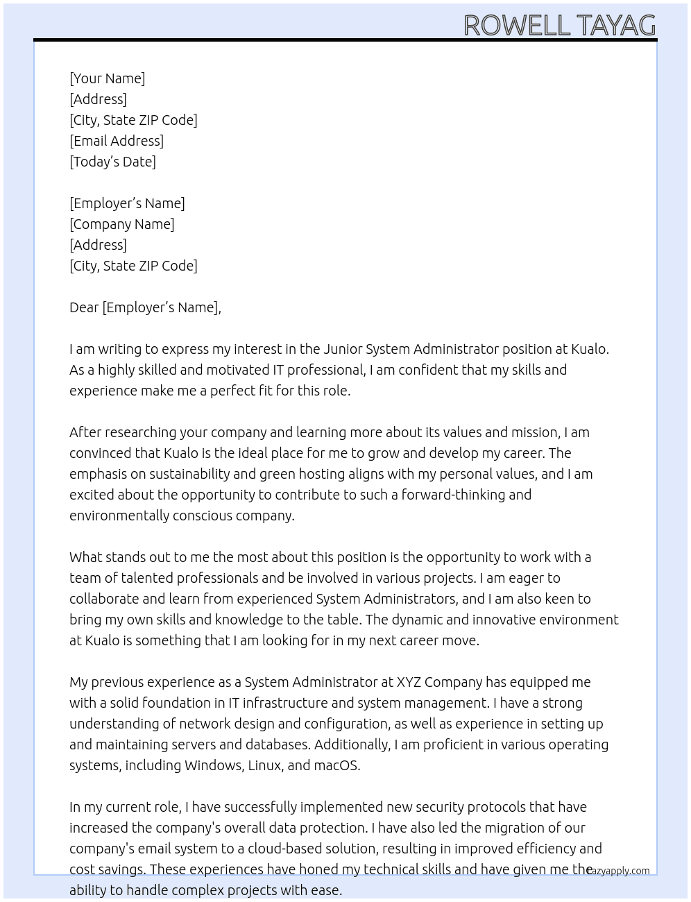 Cover letter for junior system administrator - LazyApply