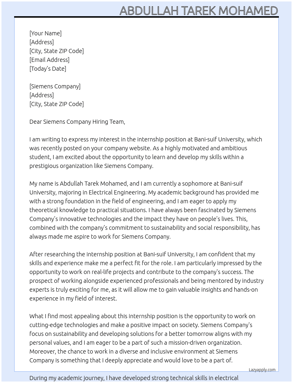 internship  At Bani-suif university Cover Letter