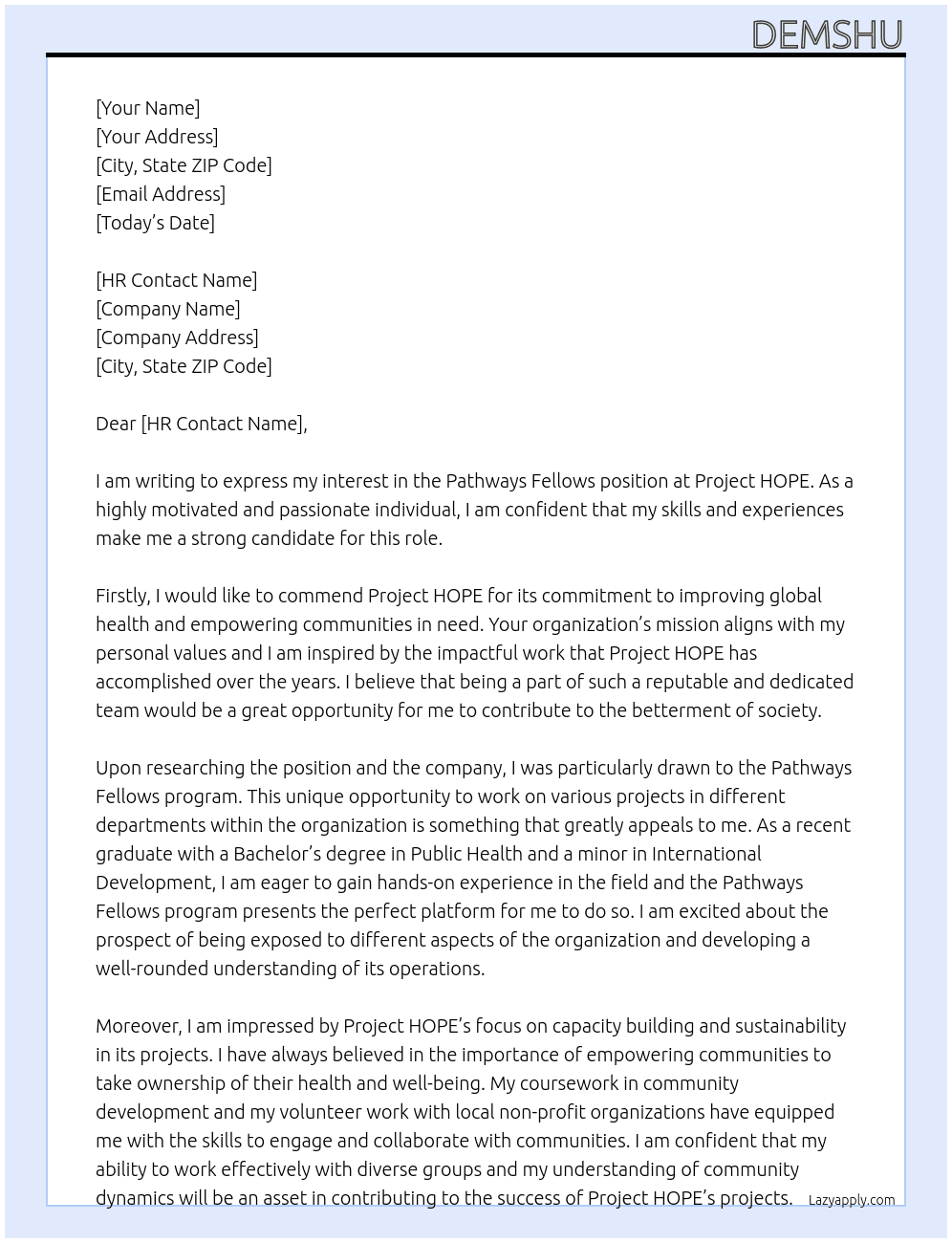 Pathways Fellows At Project HOPE  Cover Letter