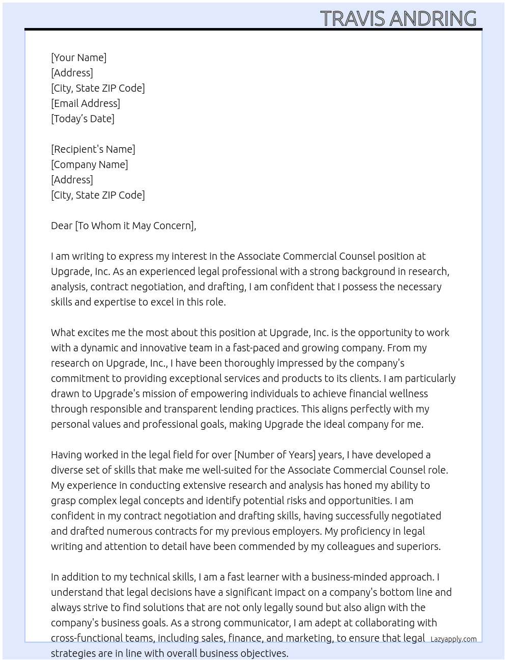 Associate Commercial Counsel At Upgrade, Inc.  Cover Letter