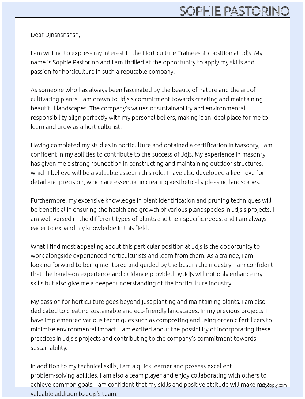 Horticulture Traineeship At Jdjs Cover Letter