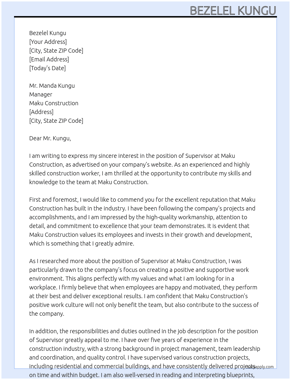 Supervisor  At Maku Construction  Cover Letter
