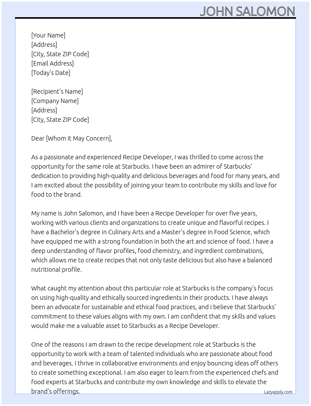 Recipe Developer At Starbucks Cover Letter