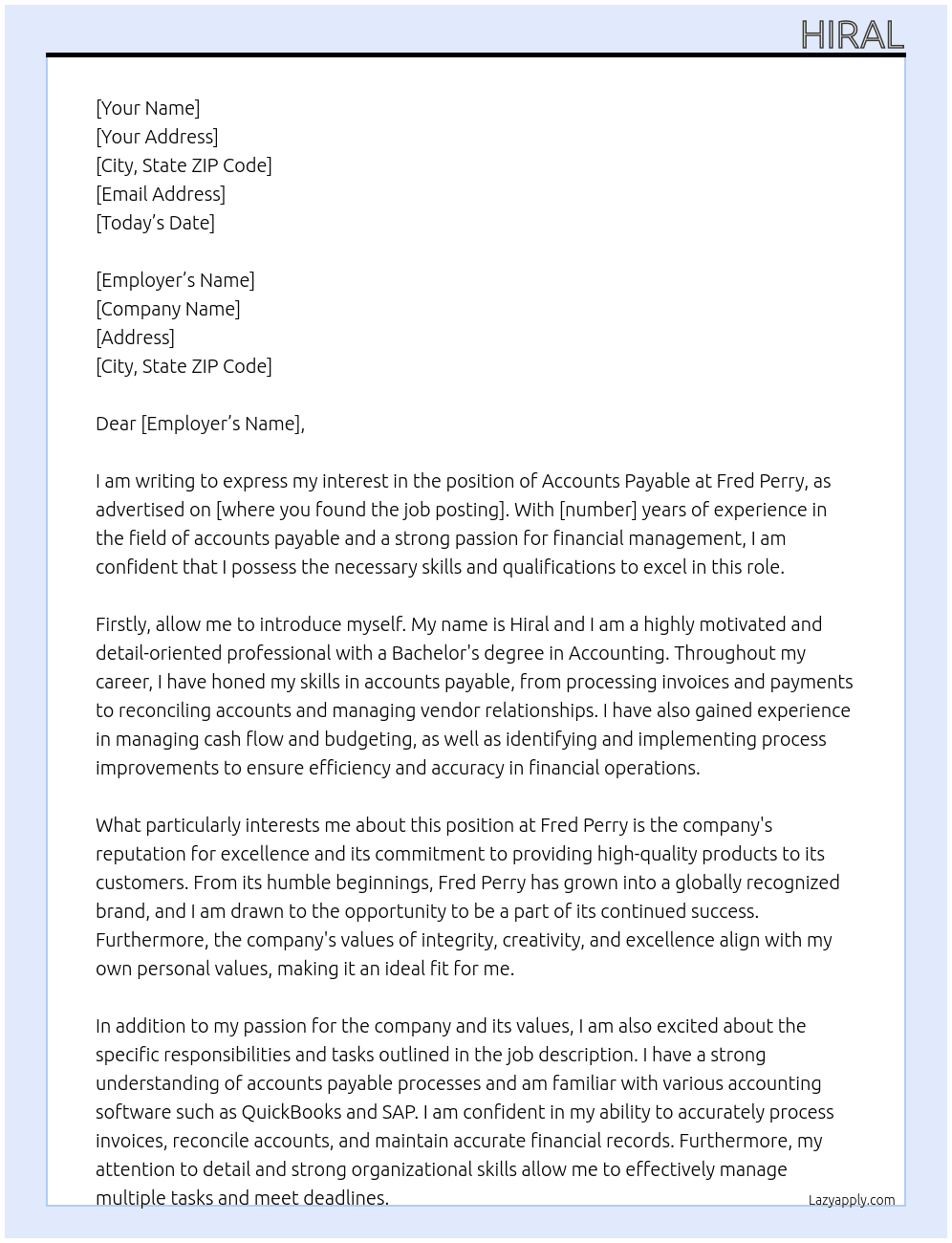 Accounts payable At Fred perry Cover Letter