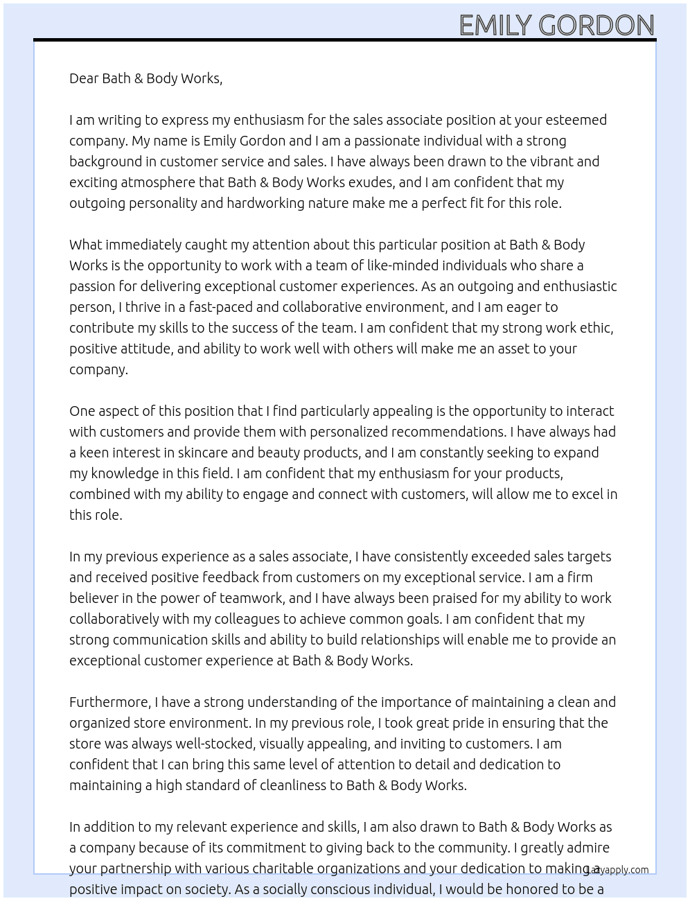 sales associate At Bath & Body works Cover Letter