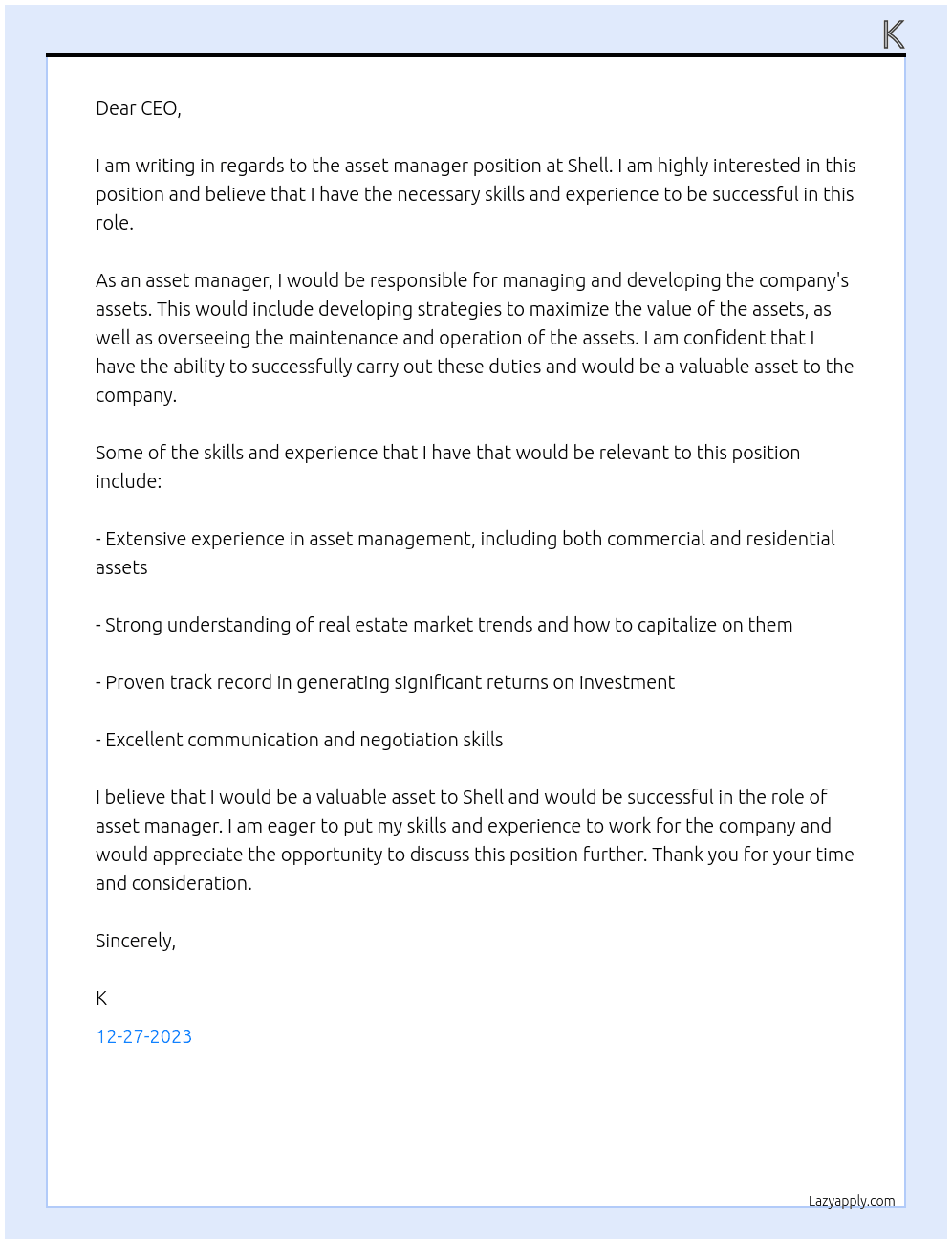 Asset manager At Shell Cover Letter