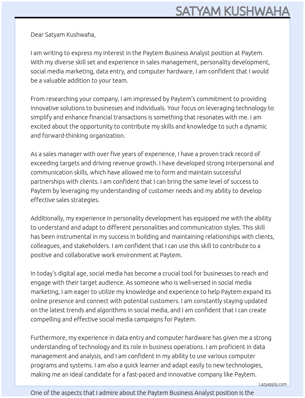 Paytem business  At Paytem Cover Letter