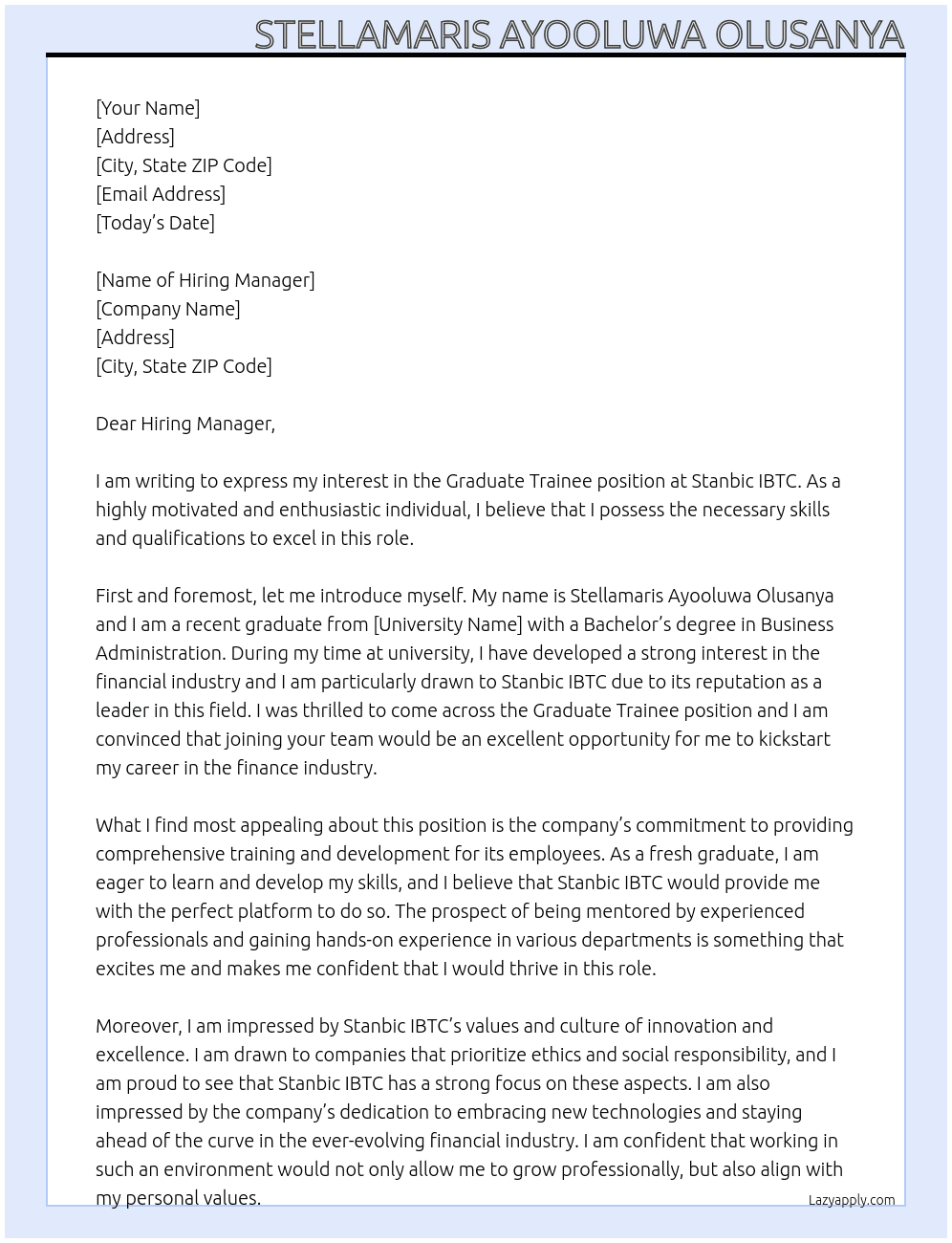 Graduate trainee At Stanbic IBTC Cover Letter