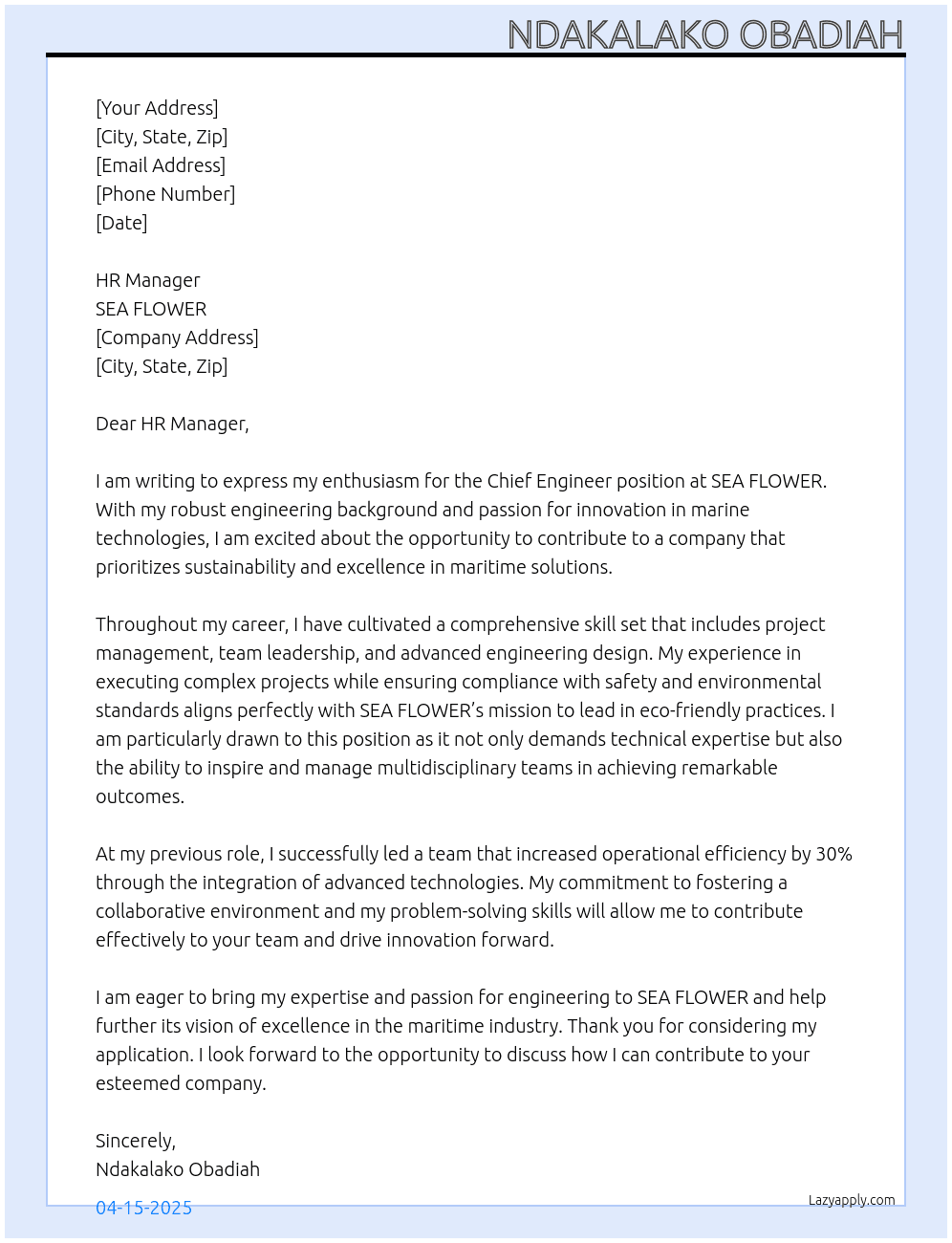 Chief Engineer At SEA FLOWER Cover Letter