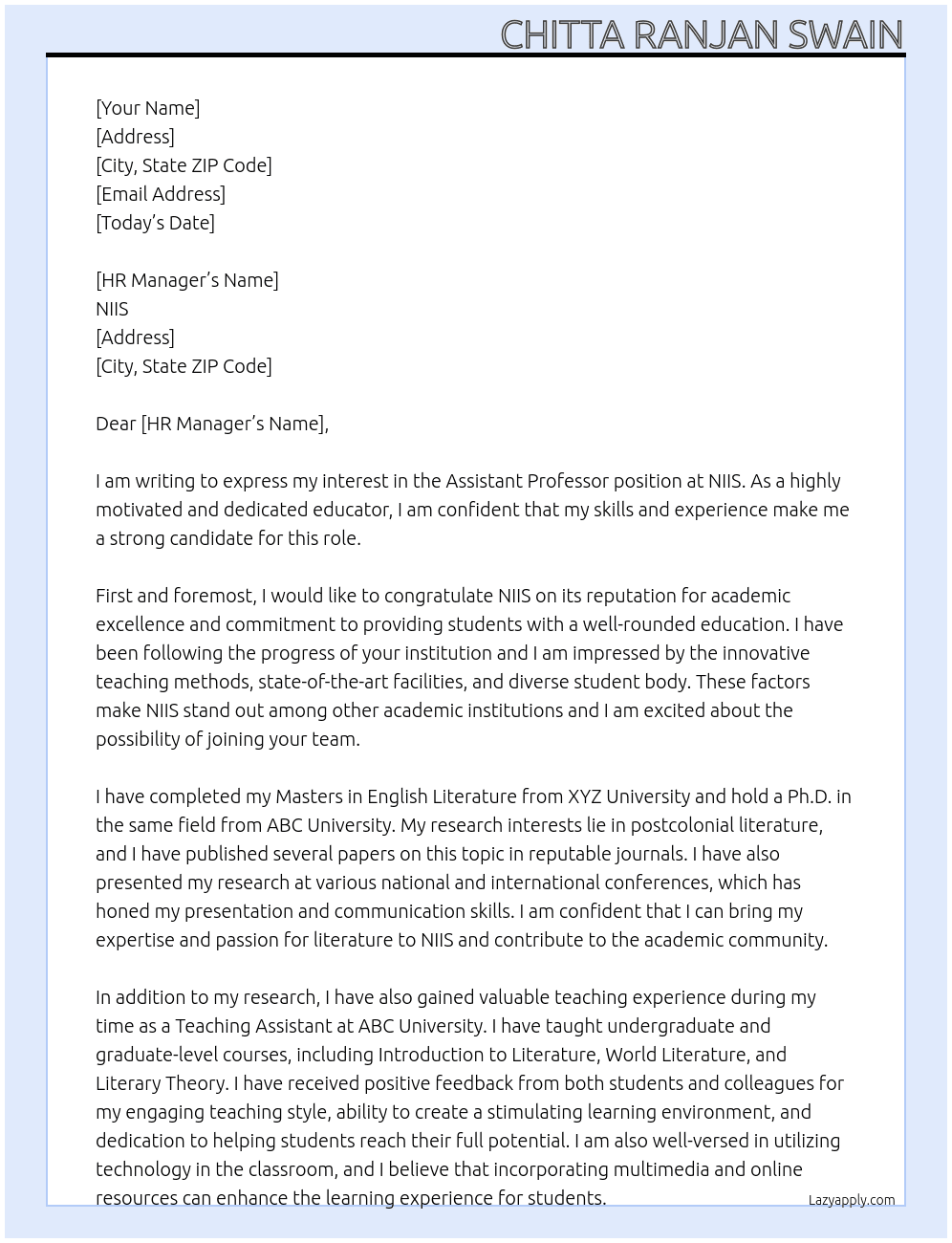 Assistant Professor  At NIIS Cover Letter