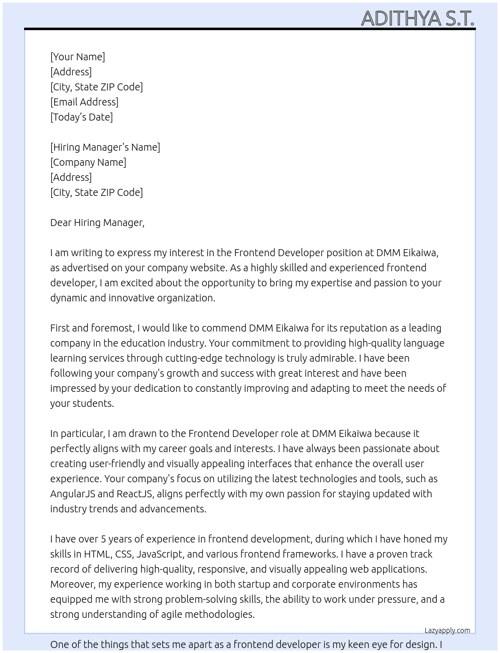 Frontend developer  At DMM Eikaiwa Cover Letter
