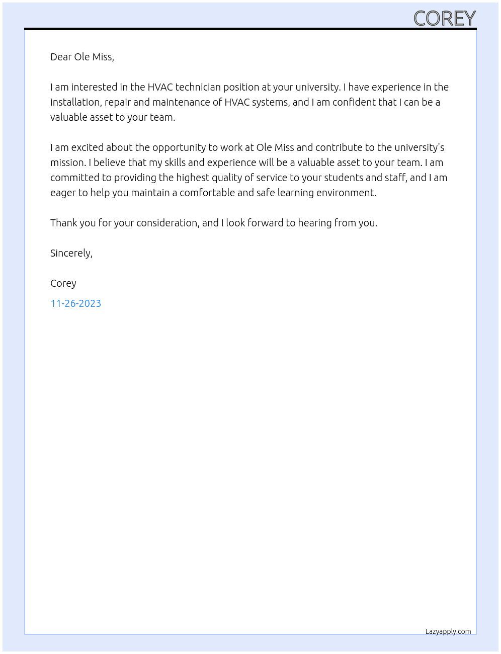 HVAC technician At Ole MIss Cover Letter