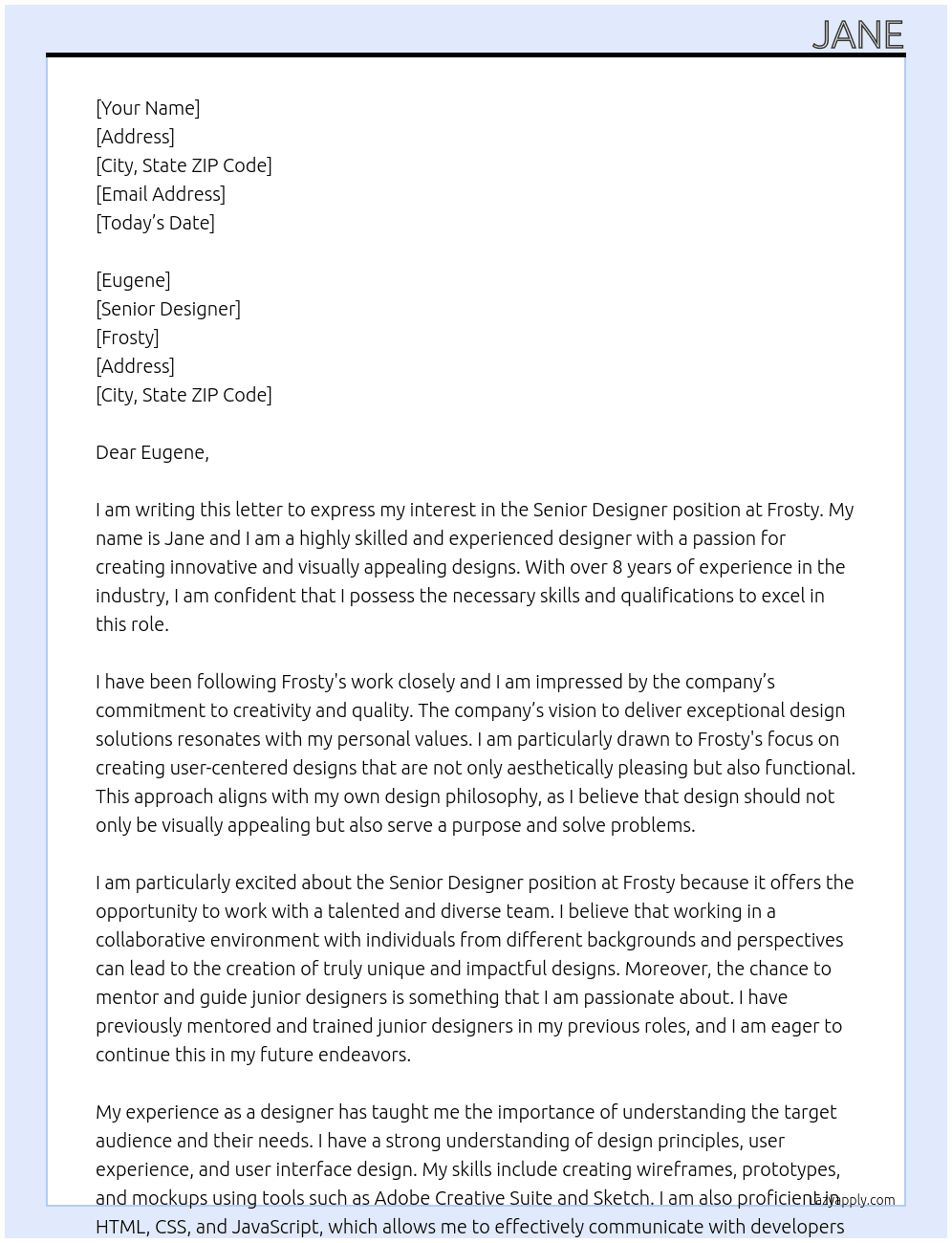 Senior Designer At Frosty Cover Letter