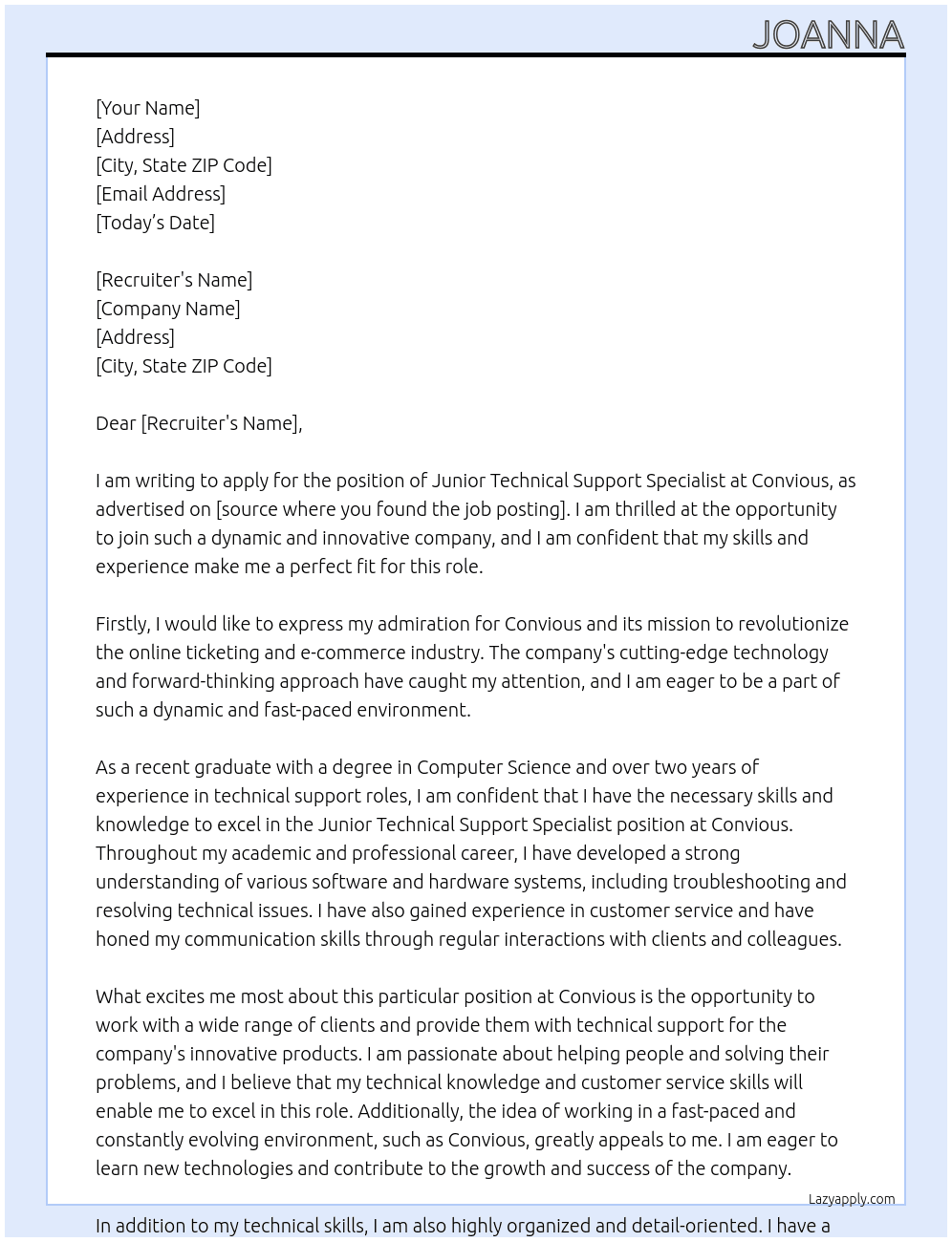 JUNIOR TECHNICAL SUPPORT SPECIALIST At convious Cover Letter