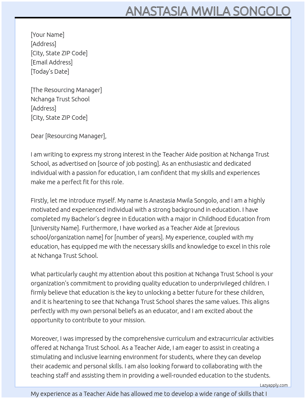 Teacher Aide At Nchanga Trust School Cover Letter