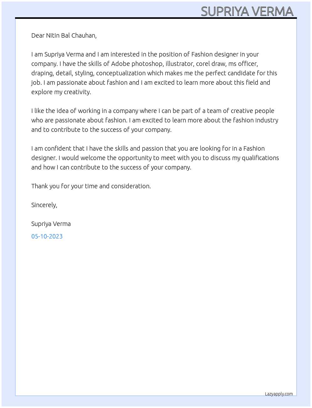 Fashion designer At Nitin Bal Chauhan Cover Letter