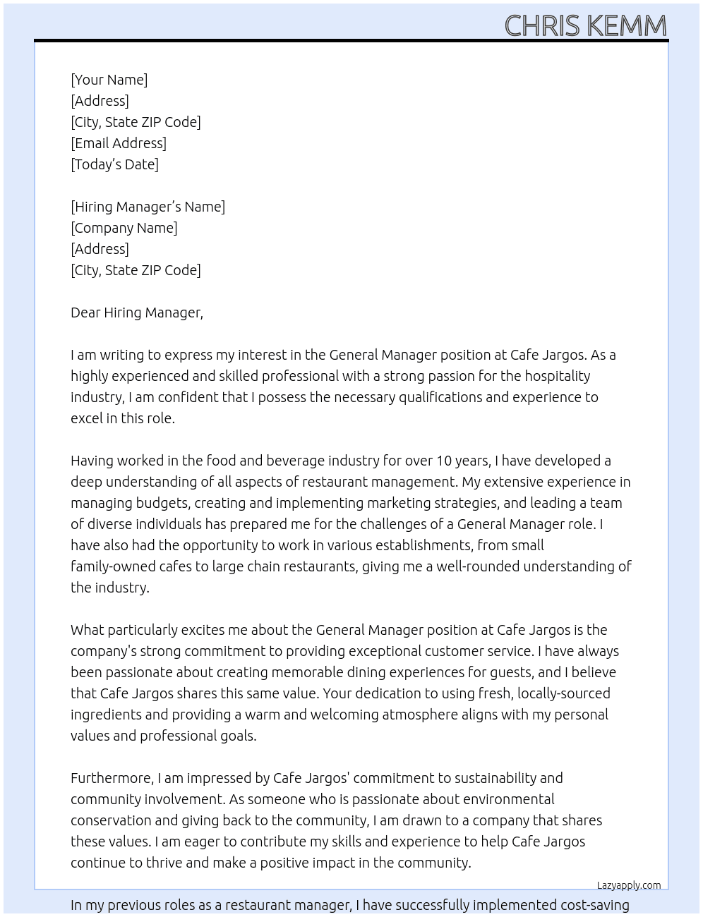 general manager At Cafe Jargos Cover Letter