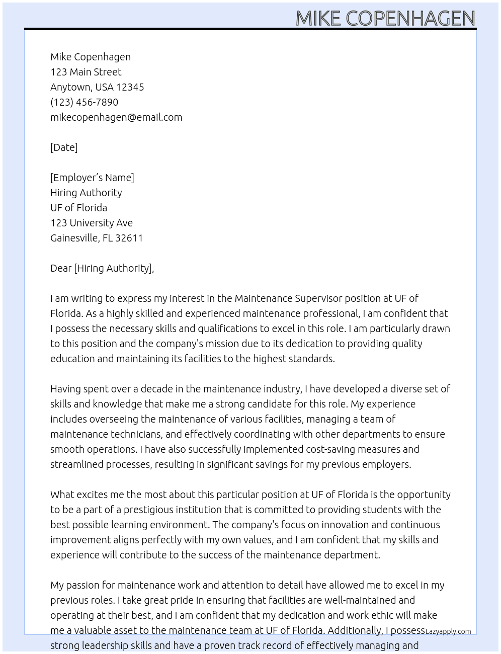 Maintenance Supervisor At UF of florida  Cover Letter