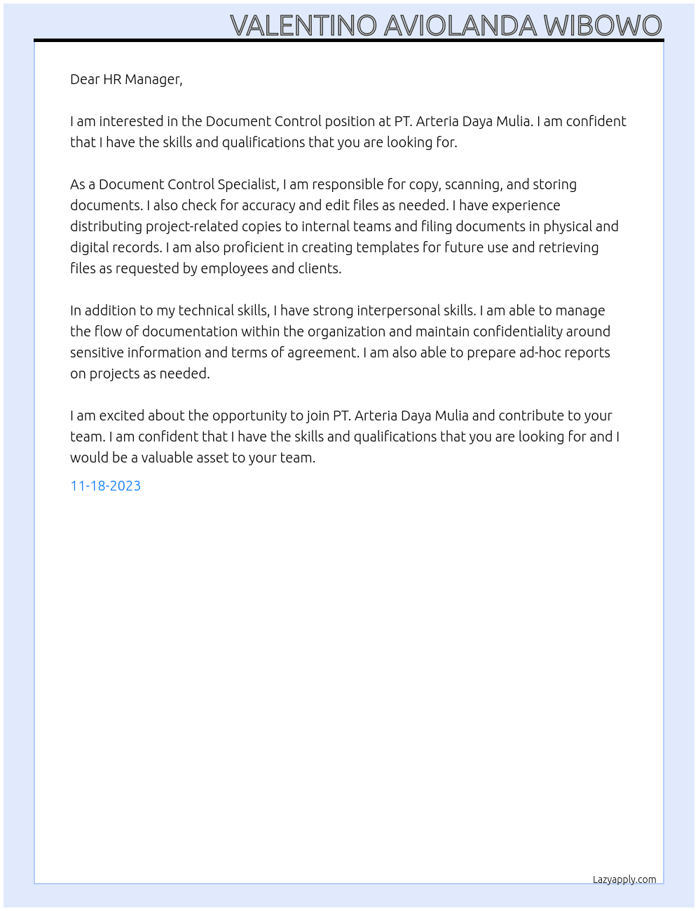 Document Control At PT. Arteria Daya Mulia Cover Letter