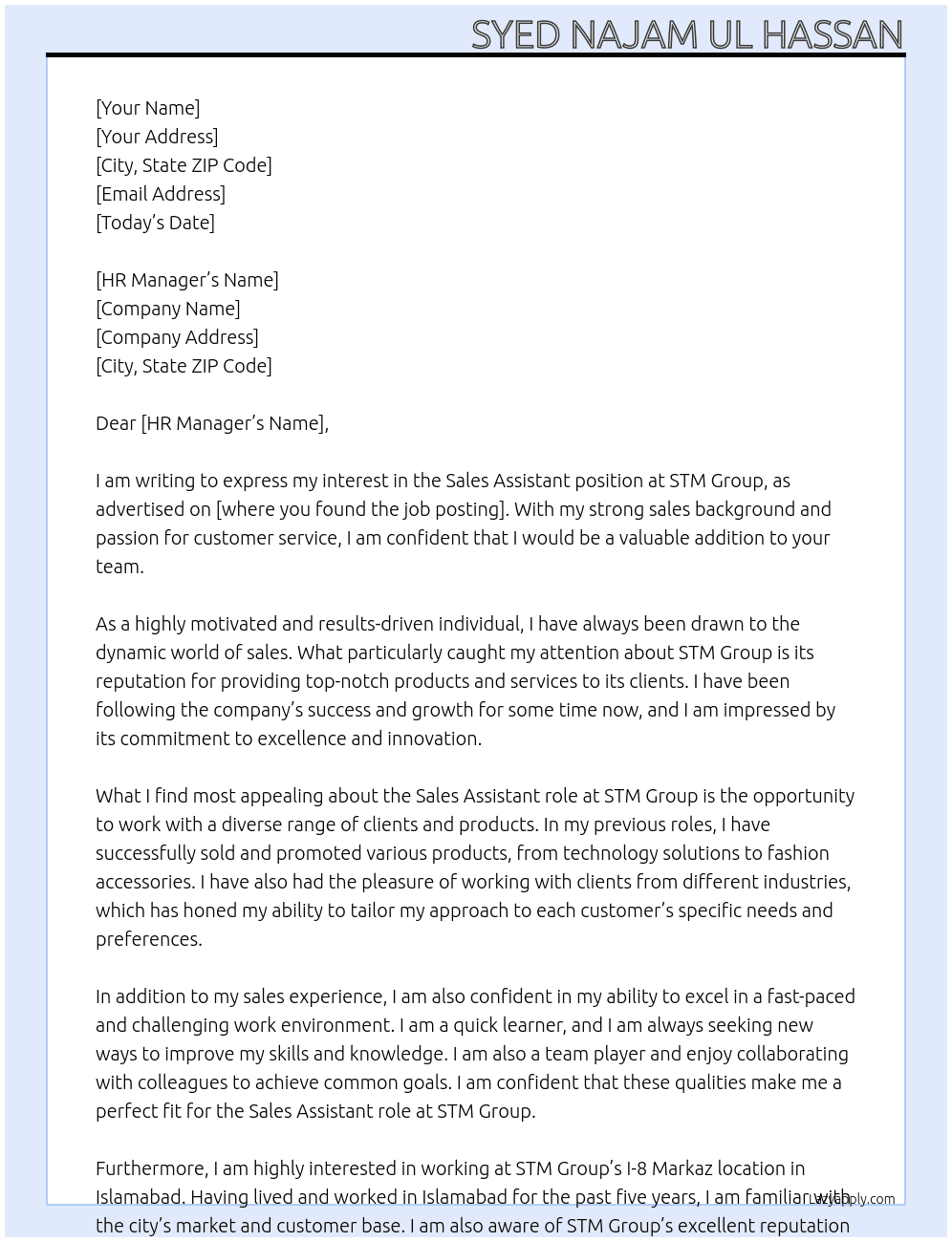 Sales Assistant  At STM Group Cover Letter