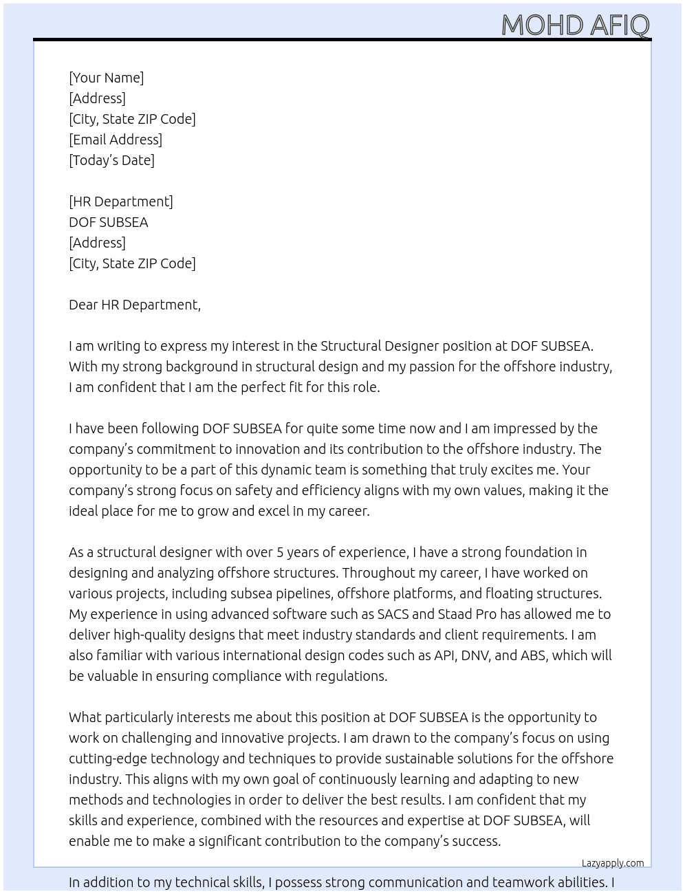 Structural Designer  At DOF SUBSEA Cover Letter