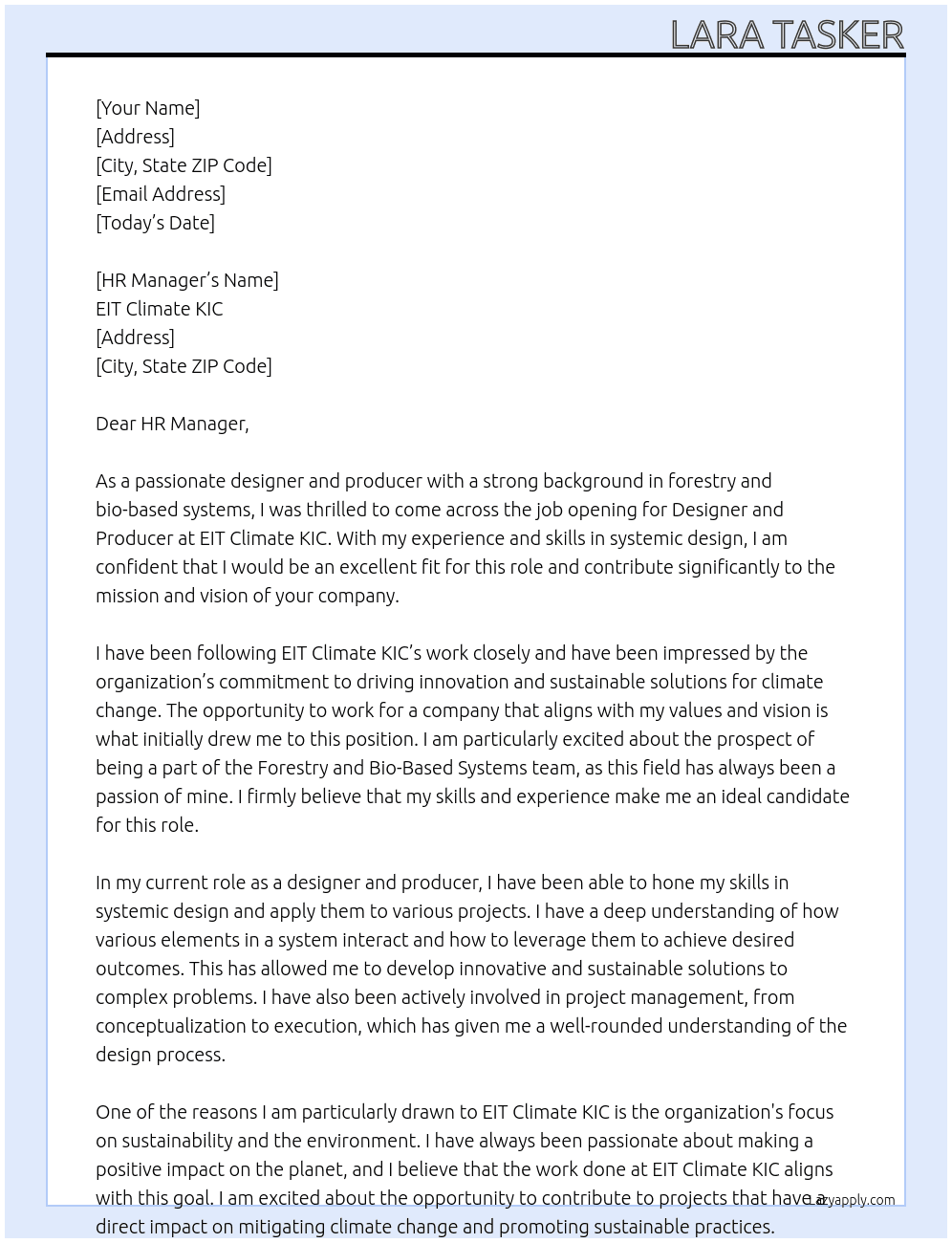 Designer and Producer, Forestry and Bio-Based Systems at EIT-Climate KIC At EIT Climate KIC Cover Letter