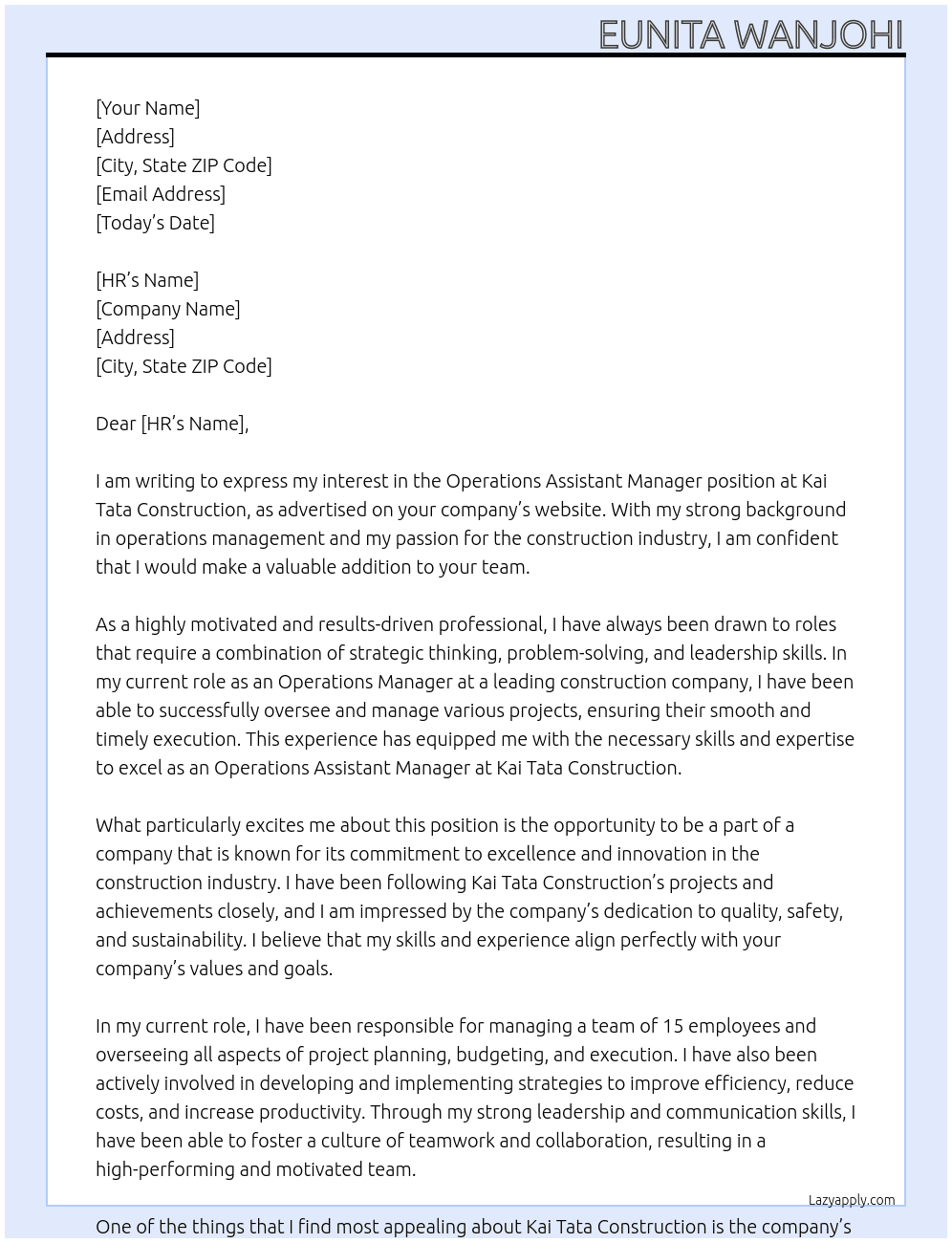 Operations Assistant manager  At Kai Tata construction  Cover Letter