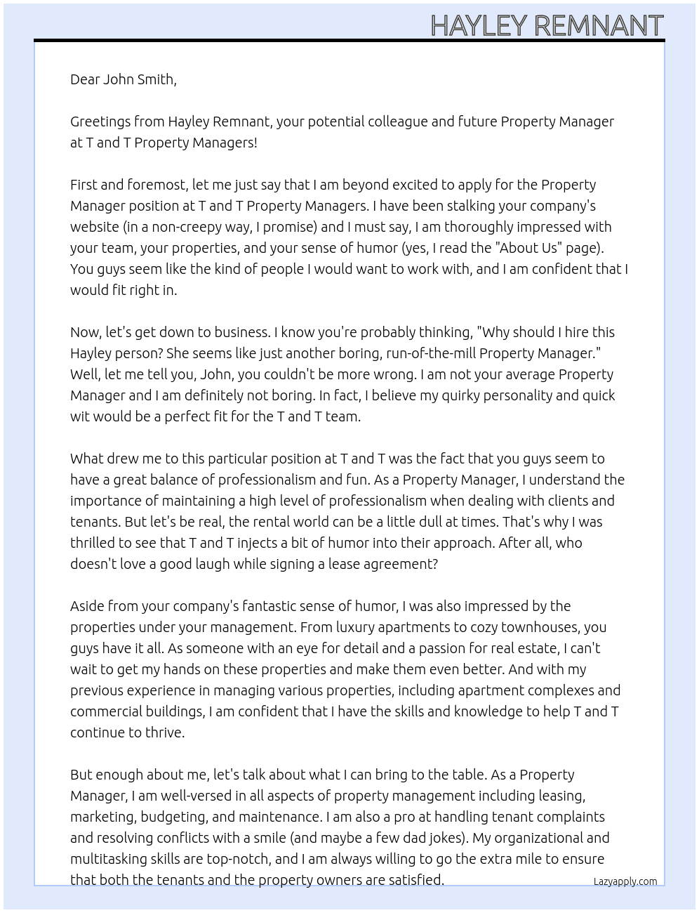 Property Manager At T and T Property Managers Cover Letter
