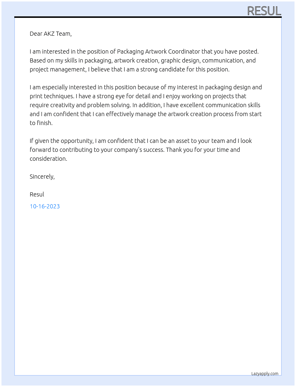 Packaging Artwork Coordinator At AKZ Cover Letter