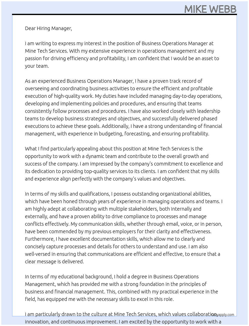 Business Operations Manager At Mine Tech Services Cover Letter