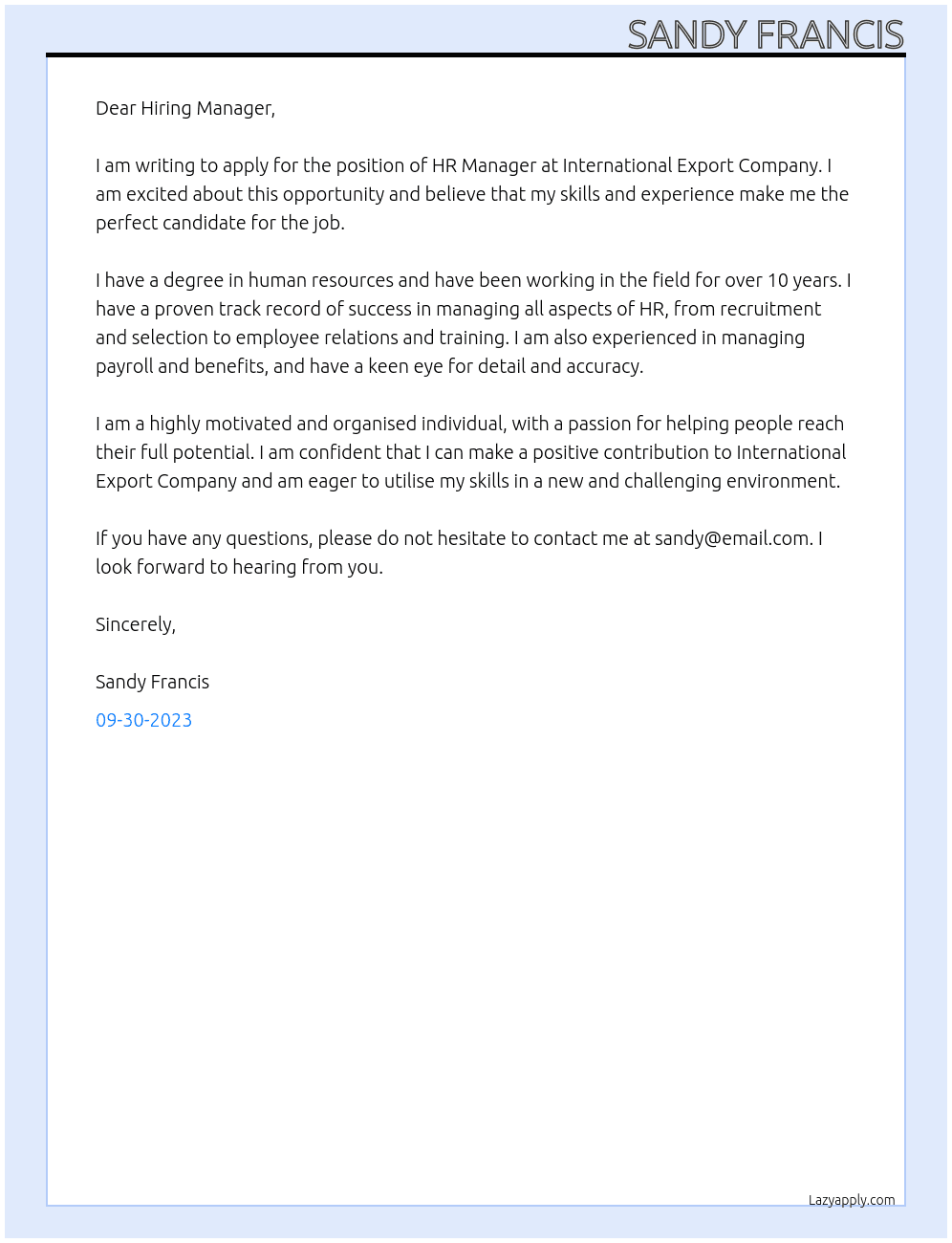 HR Manager  At International Export Company Cover Letter