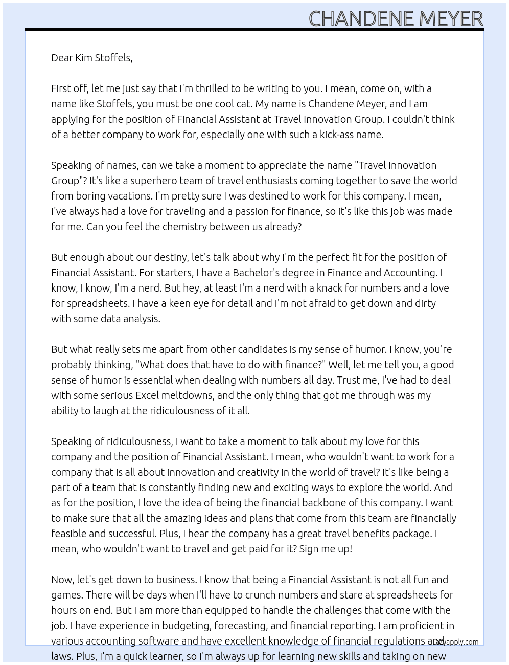 Financial Assistant At Travel Innovation Group Cover Letter