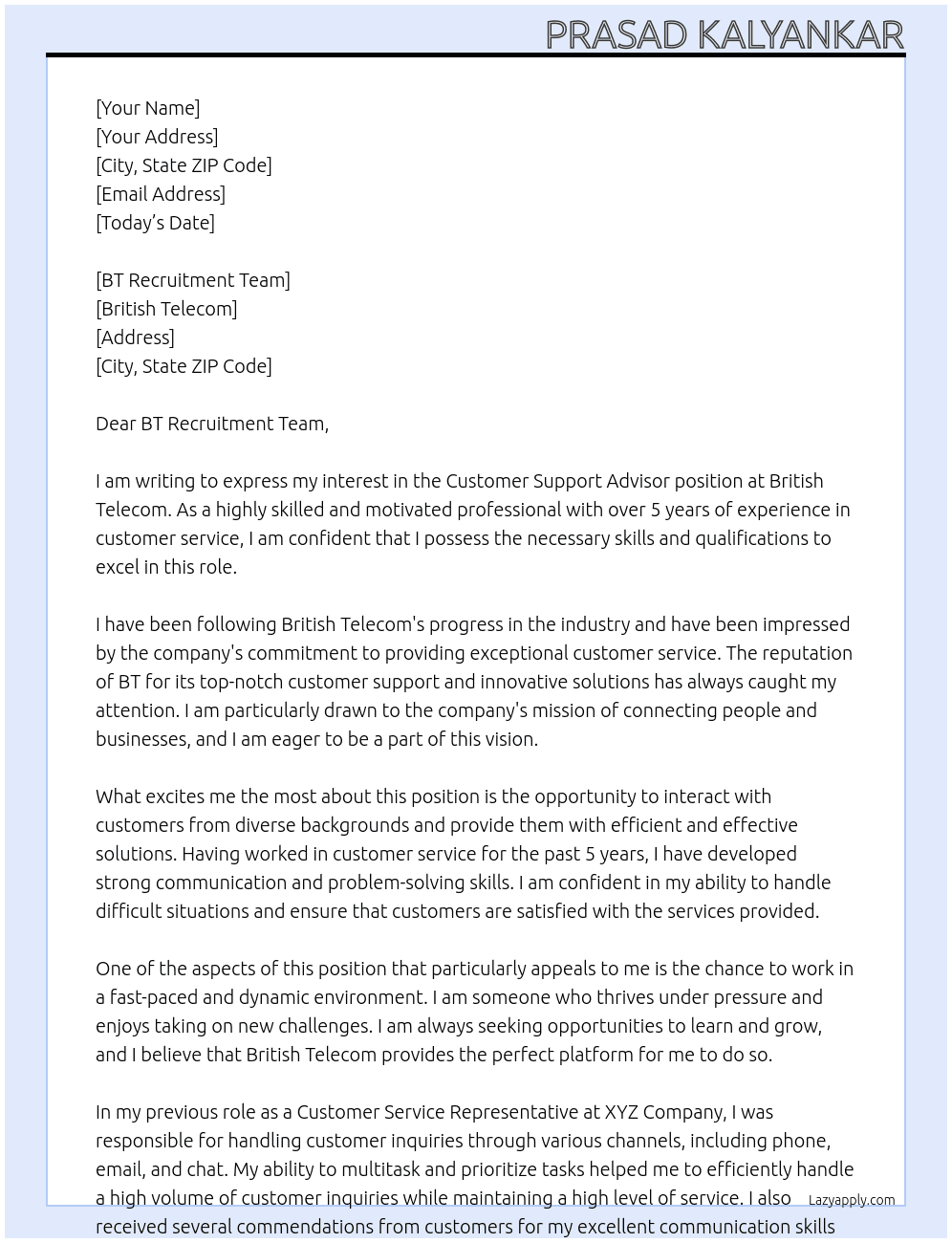 Customer Support Advisor At British Telecom Cover Letter