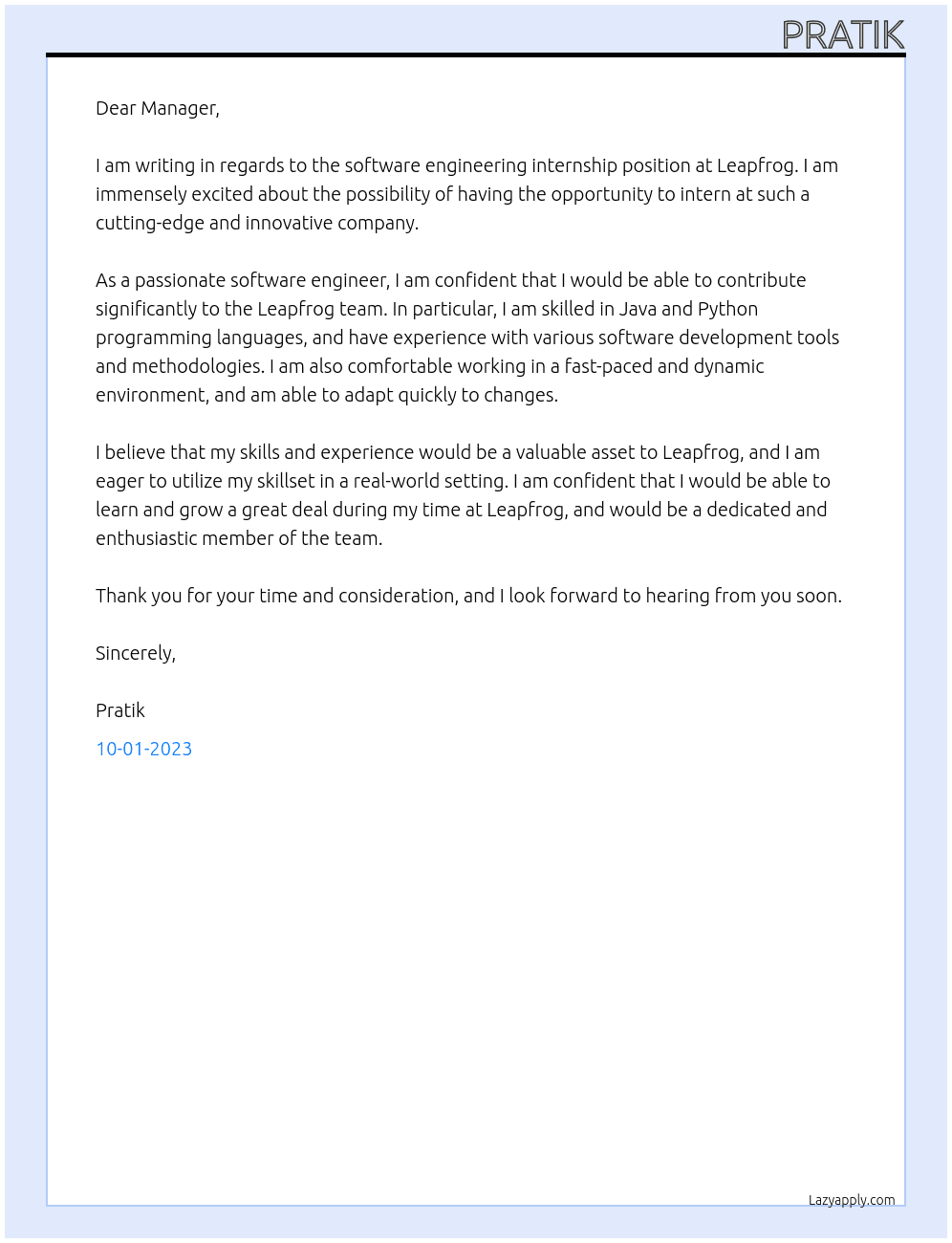 Software Engineering Internship At Leapfrog Cover Letter