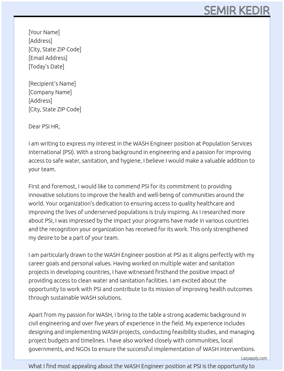 WASH Engineer  At Population services international  Cover Letter