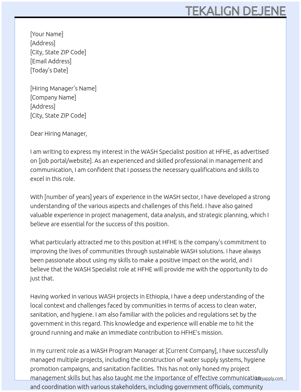 WASH Specialist At HFHE Cover Letter