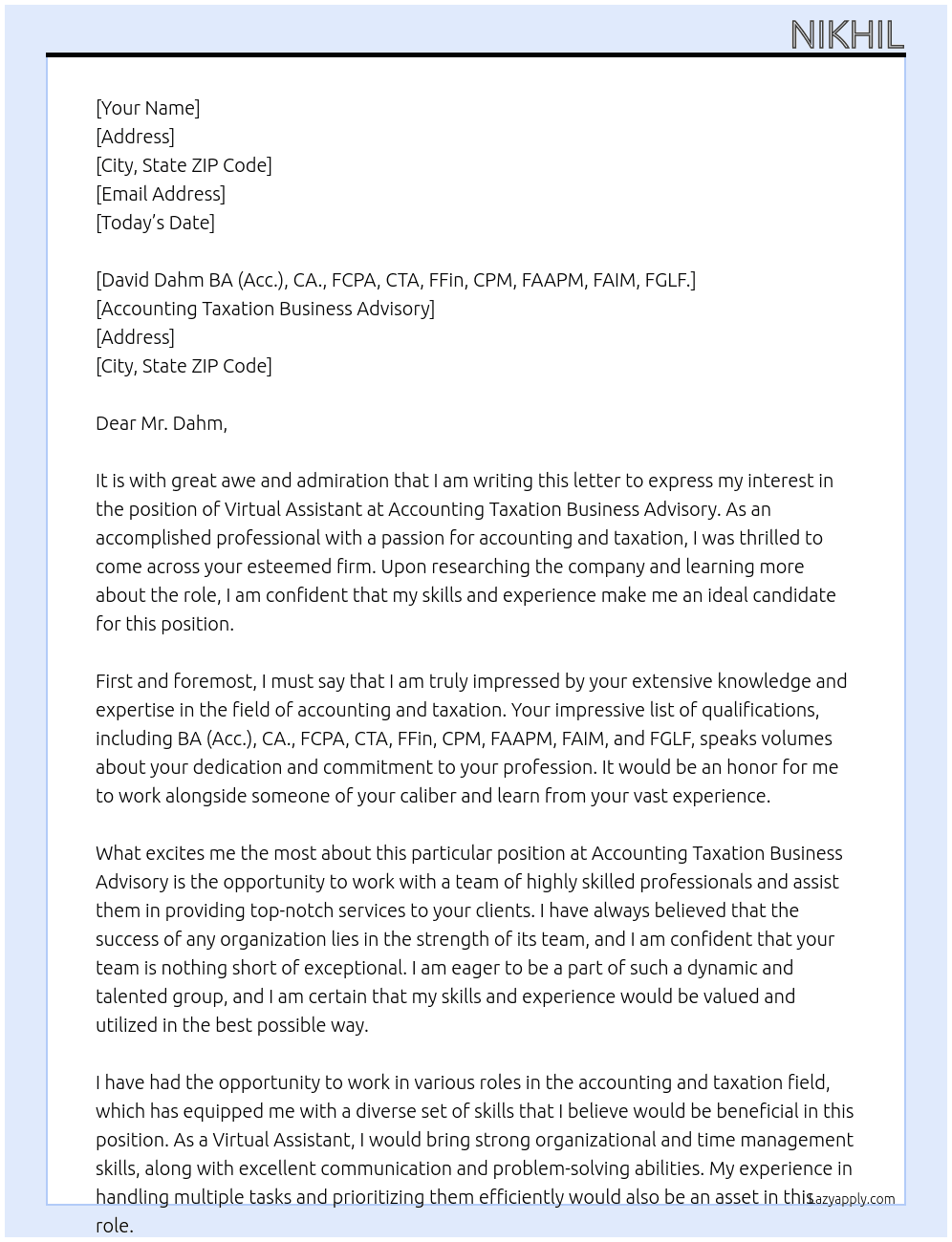 Virtual Assistant At accounting taxation business advisory Cover Letter