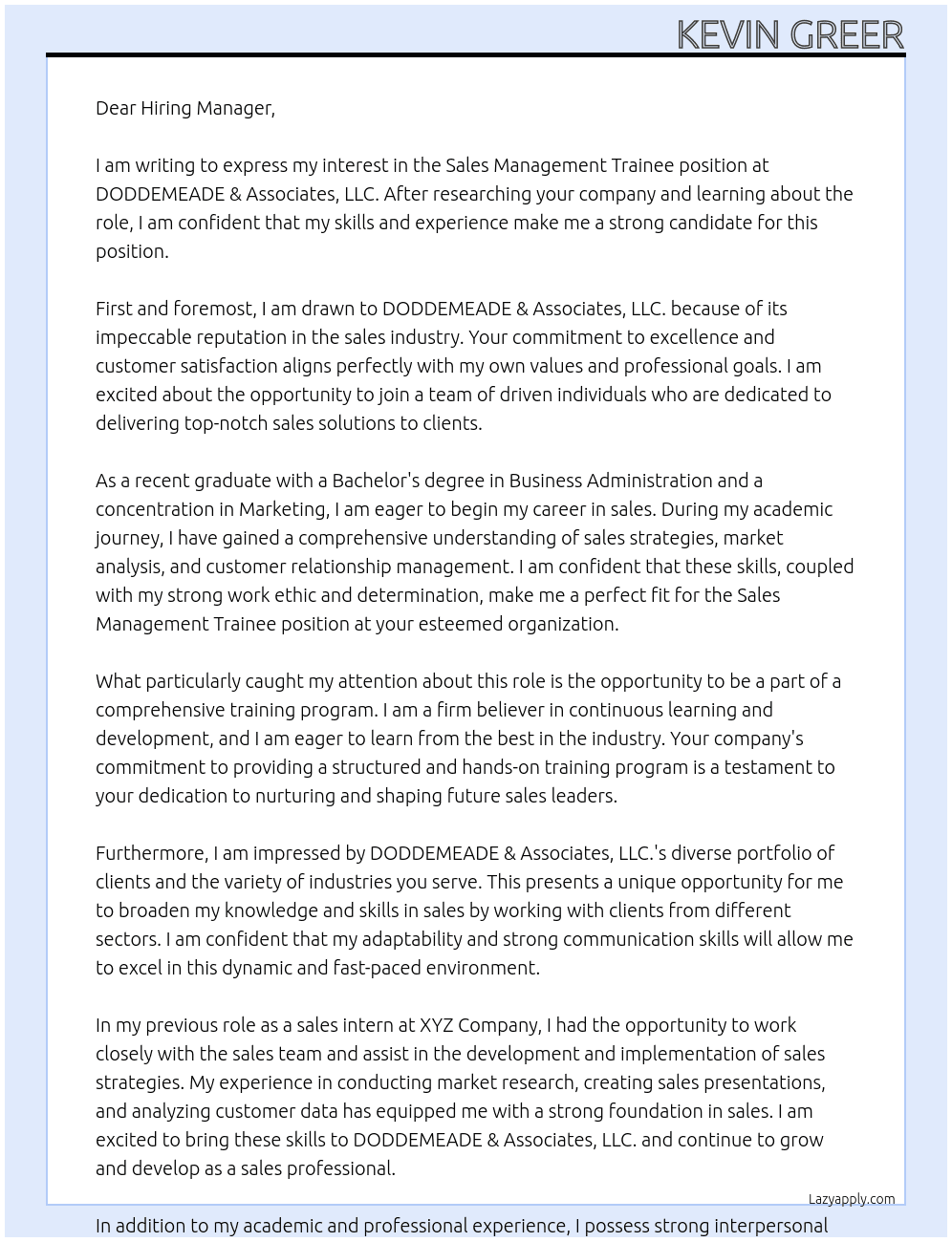 Sales Management Trainee At DODDEMEADE & Associates, LLC. Cover Letter