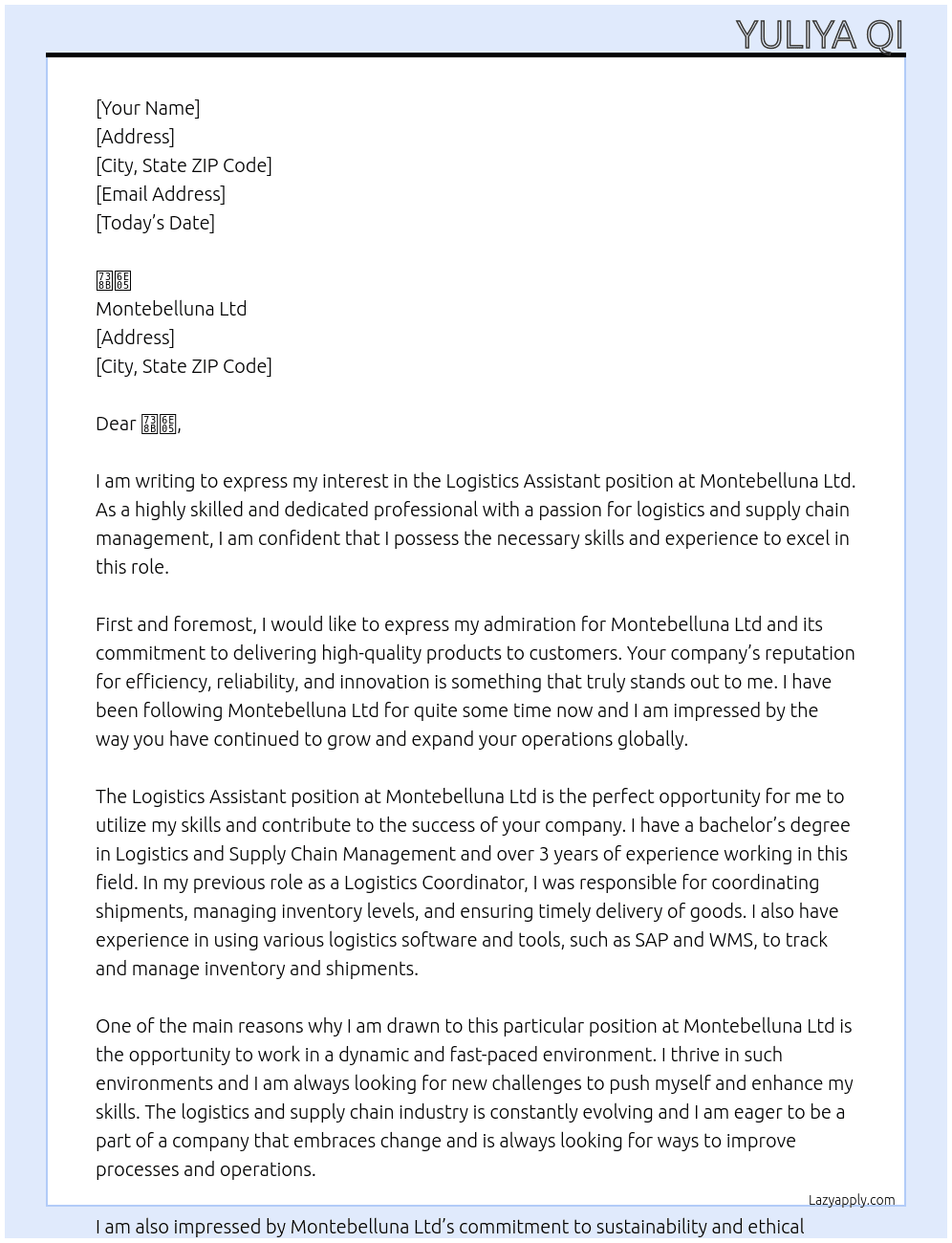 Logistics Assistant At Montebelluna Ltd Cover Letter