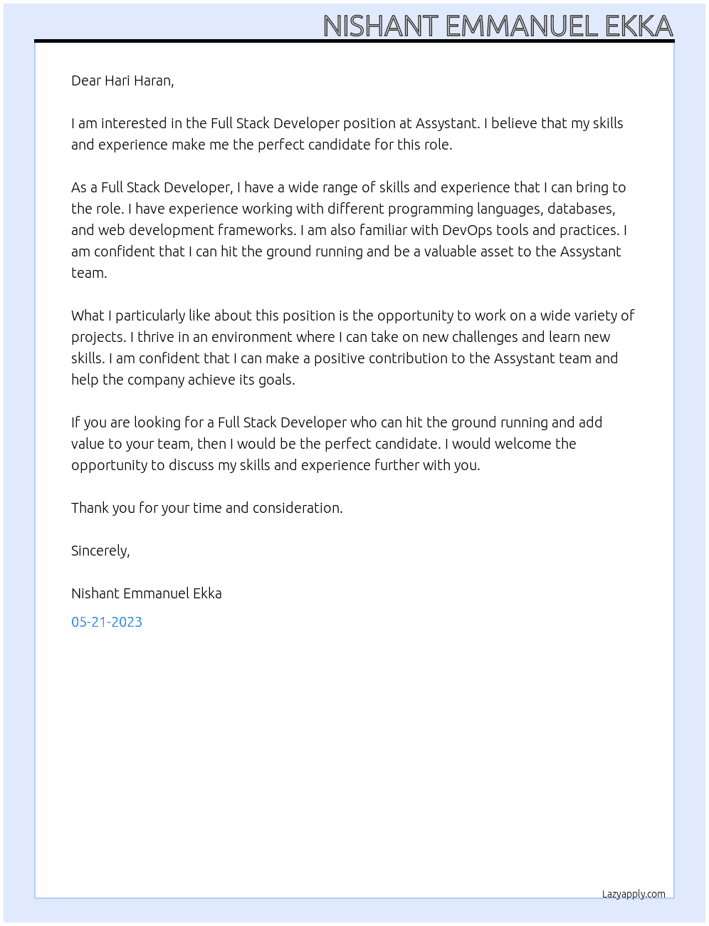 Full Stack Developer At Assystant Cover Letter