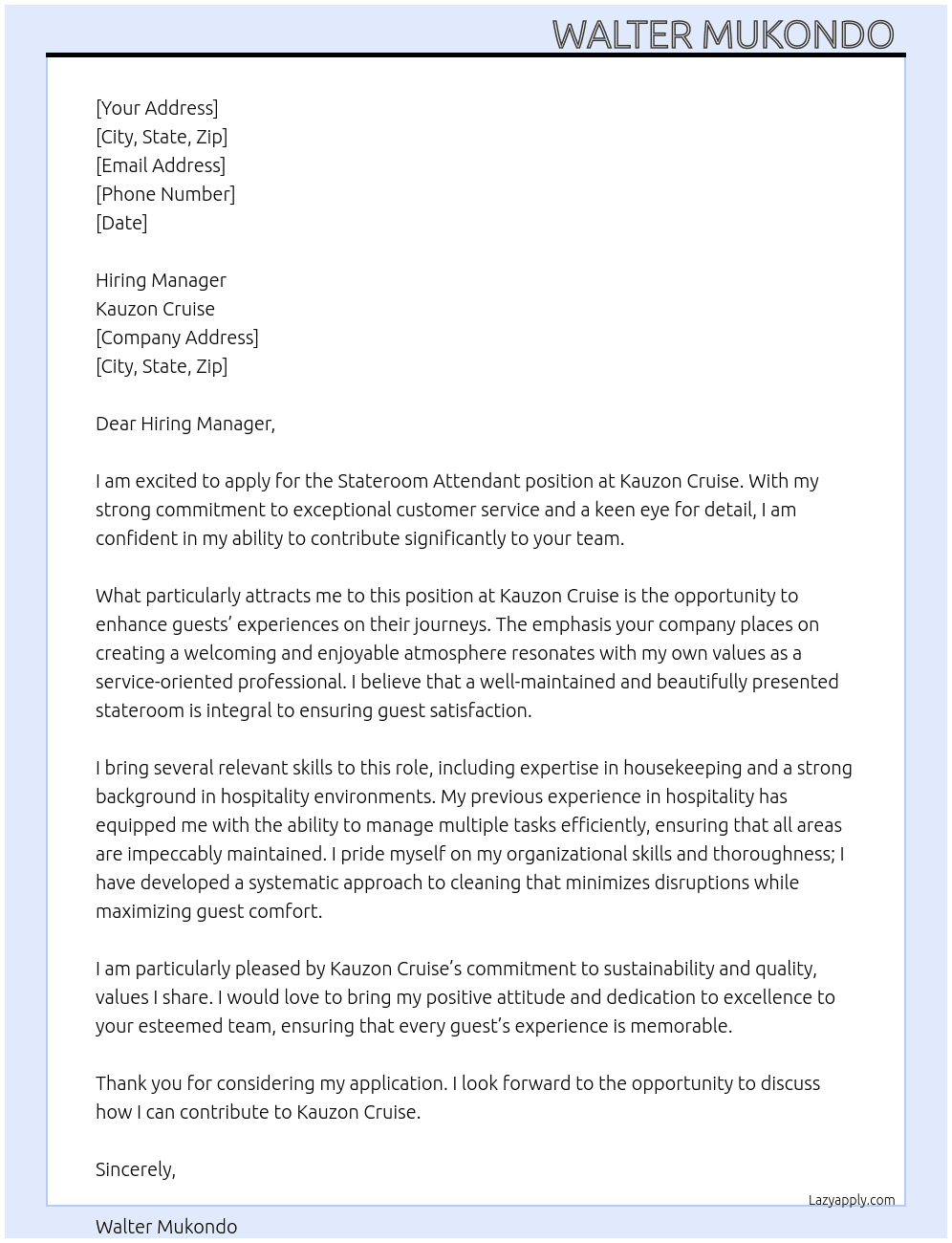 Stateroom Attendant  At Kauzon Cruise  Cover Letter