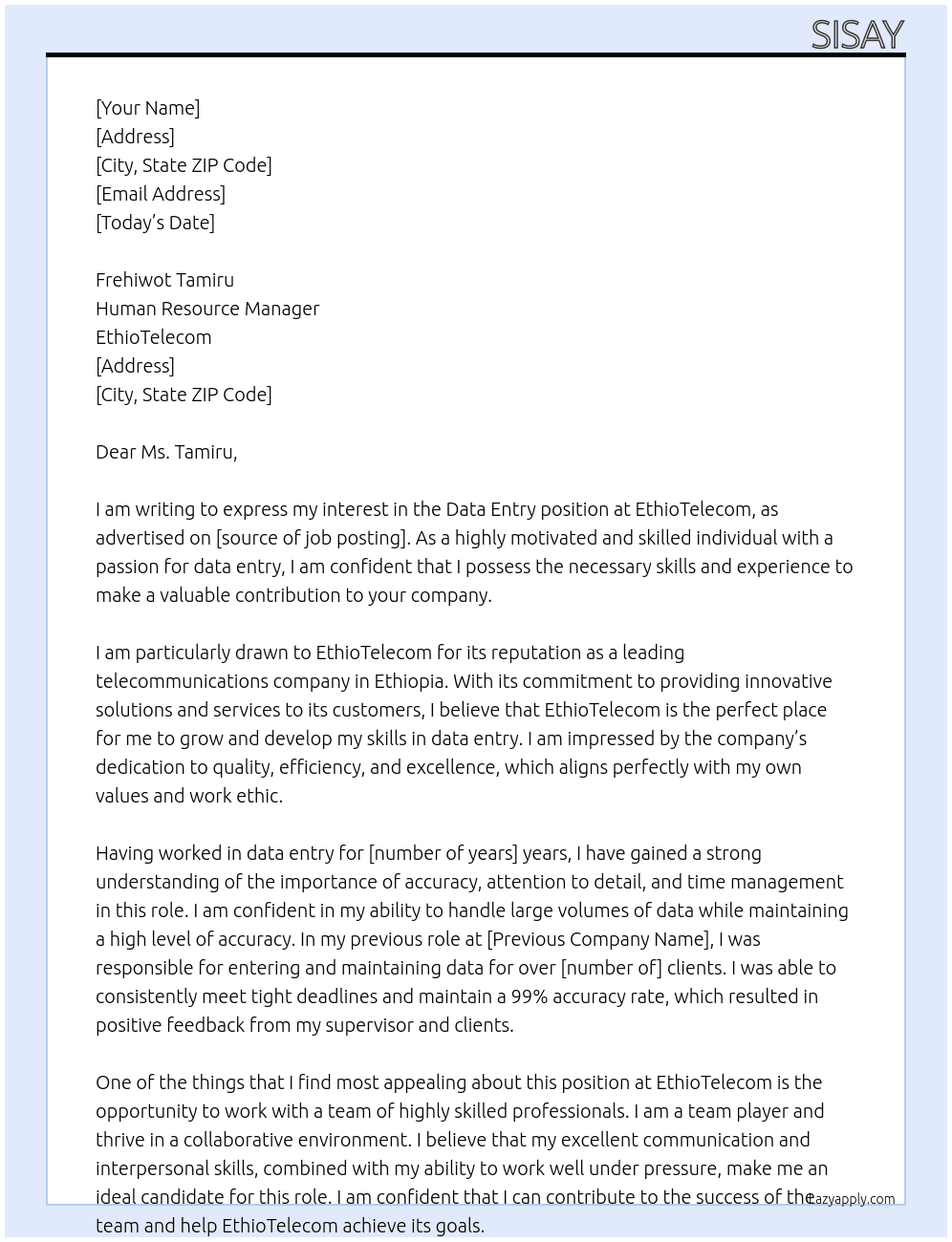 data entry At ethiotelecom Cover Letter