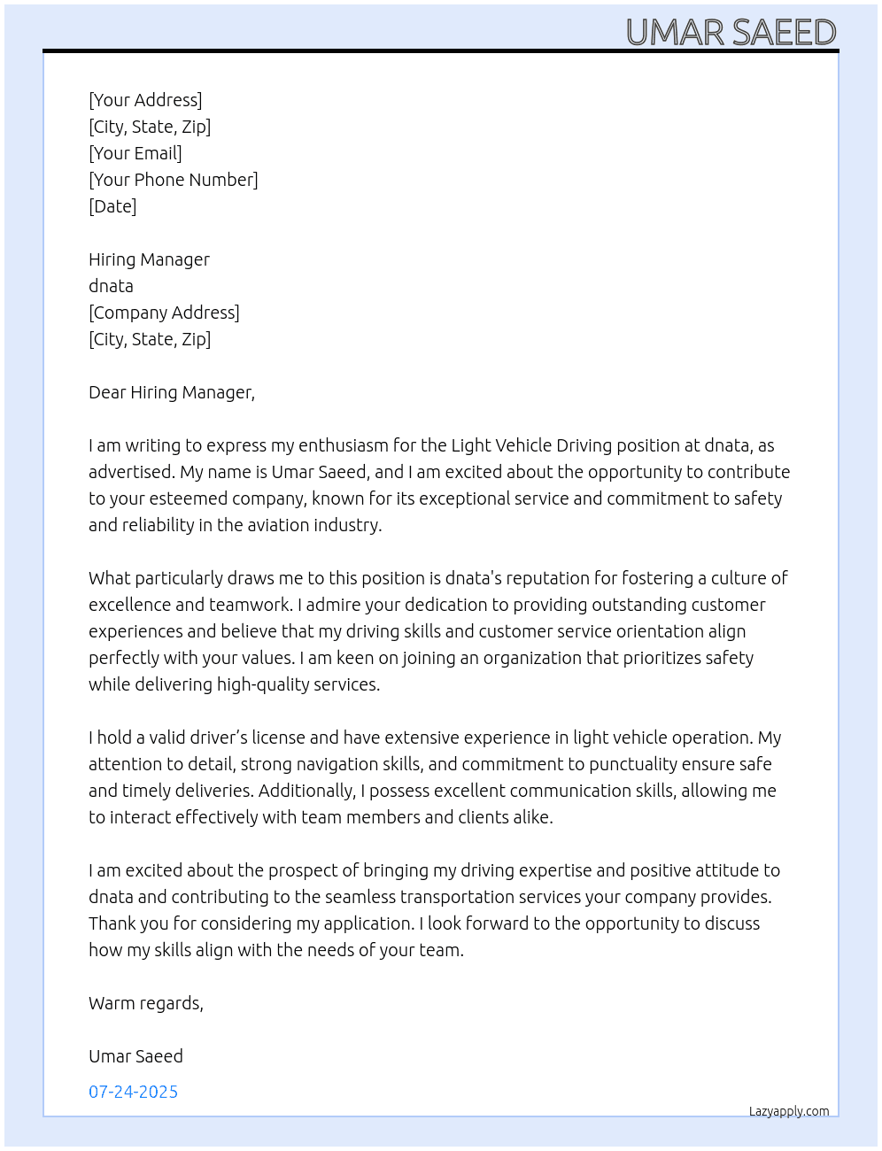 Cover letter for light vehicle driving - LazyApply