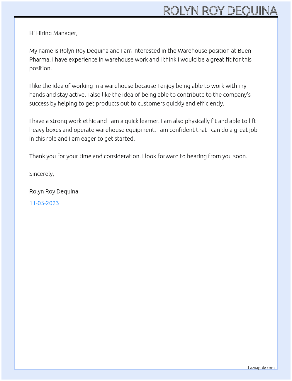 Warehouse At Buen Pharma Cover Letter