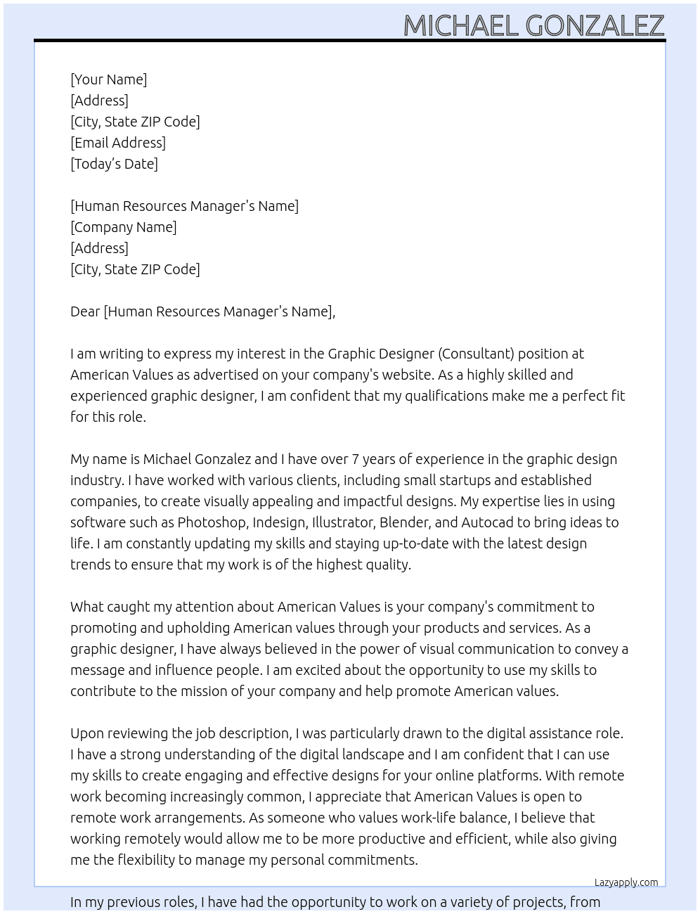 Graphic Designer (Consultant) At American Values Cover Letter
