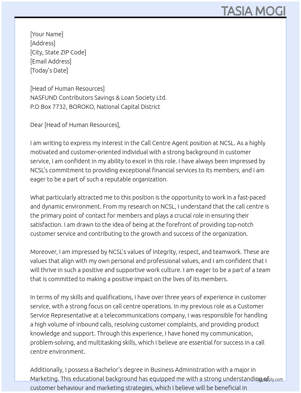Call centre agent At NCSL Cover Letter