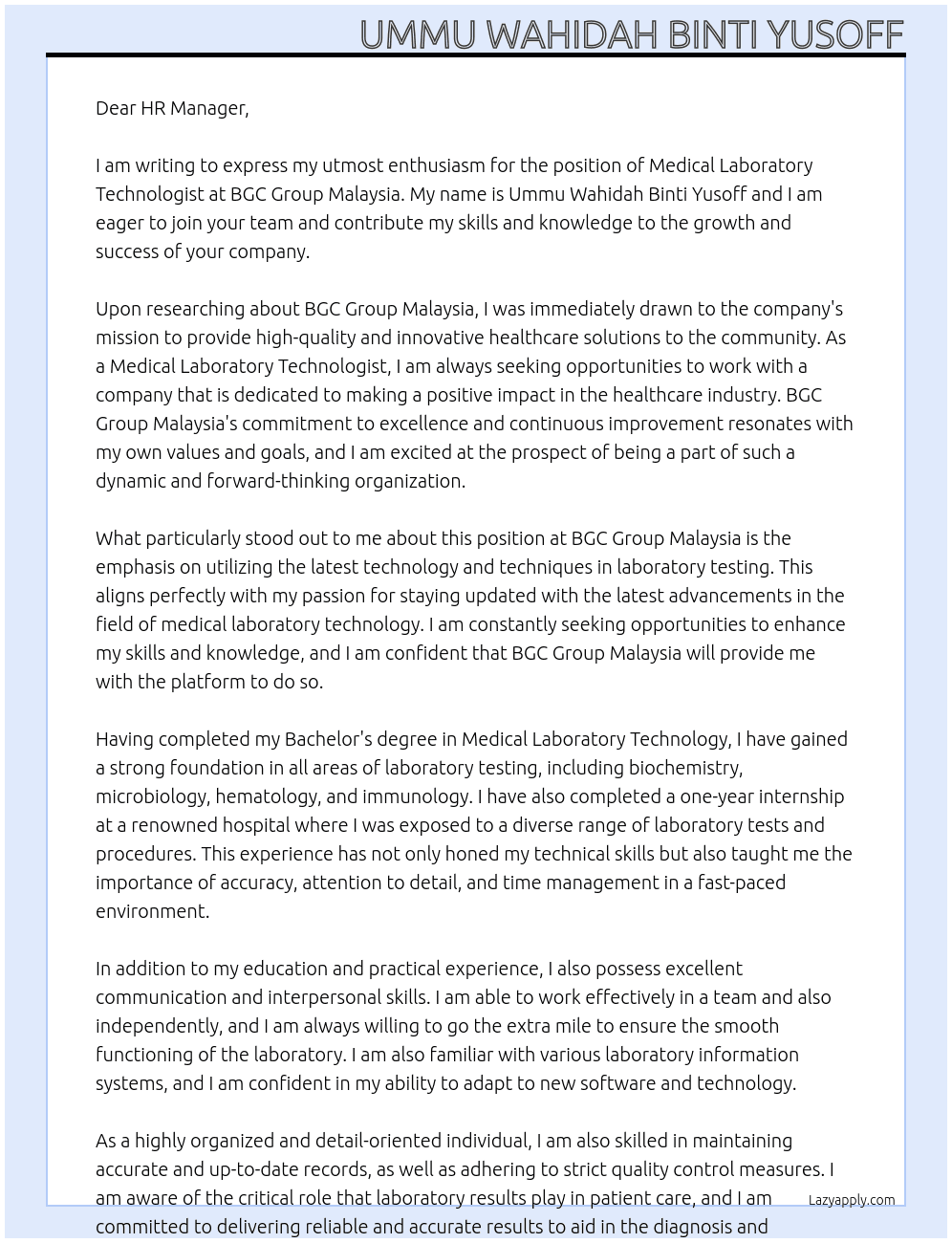 Medical Laboratory Technologist At BGC Group Malaysia Cover Letter