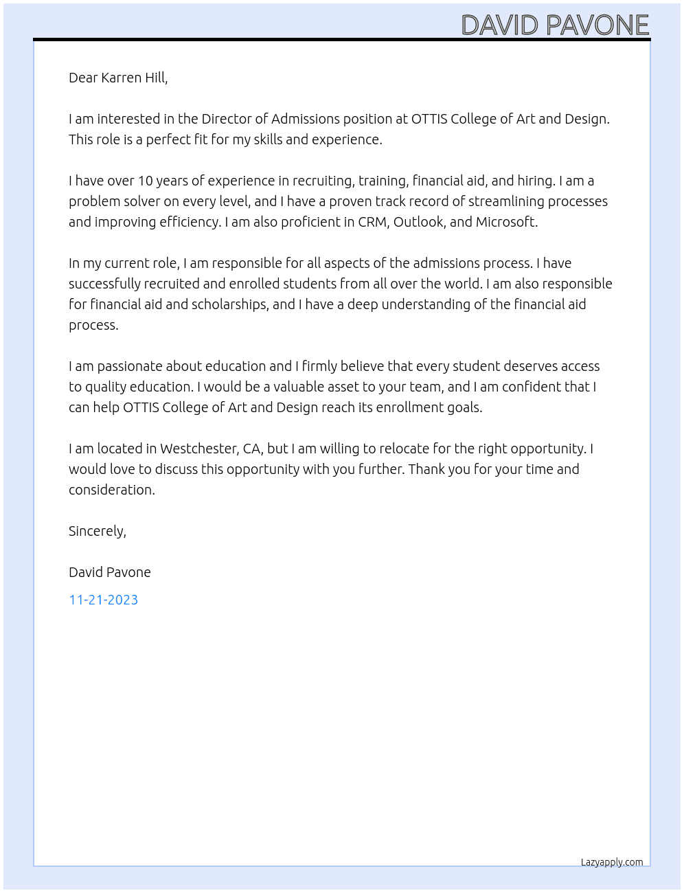 Director of Admissions At OTTIS College of Art and Design Cover Letter